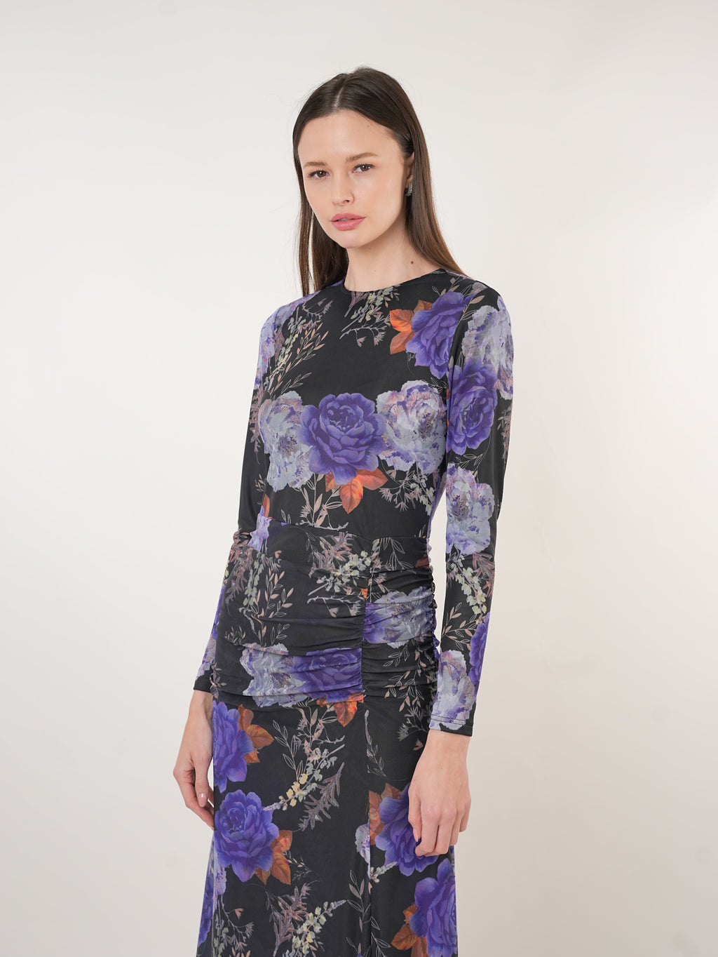Floral Mesh Gathered Midi Dress