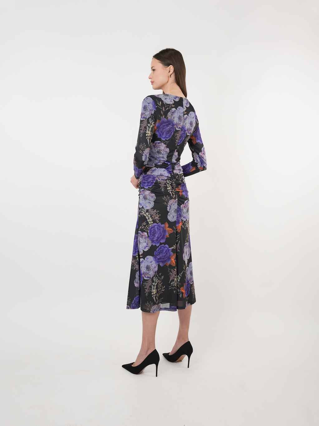 Floral Mesh Gathered Midi Dress