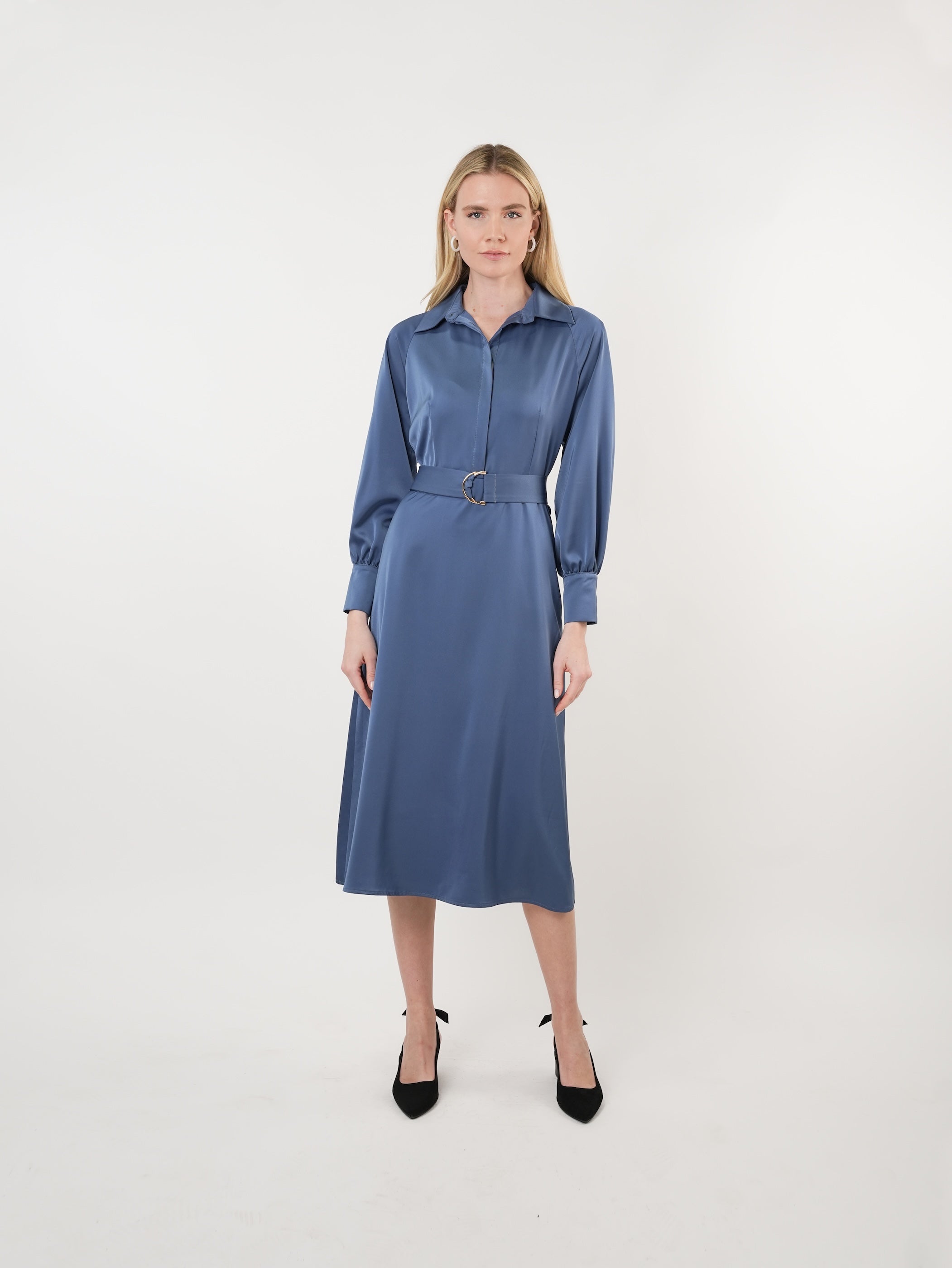 Satin Raglan Sleeve A-Line Midi Dress