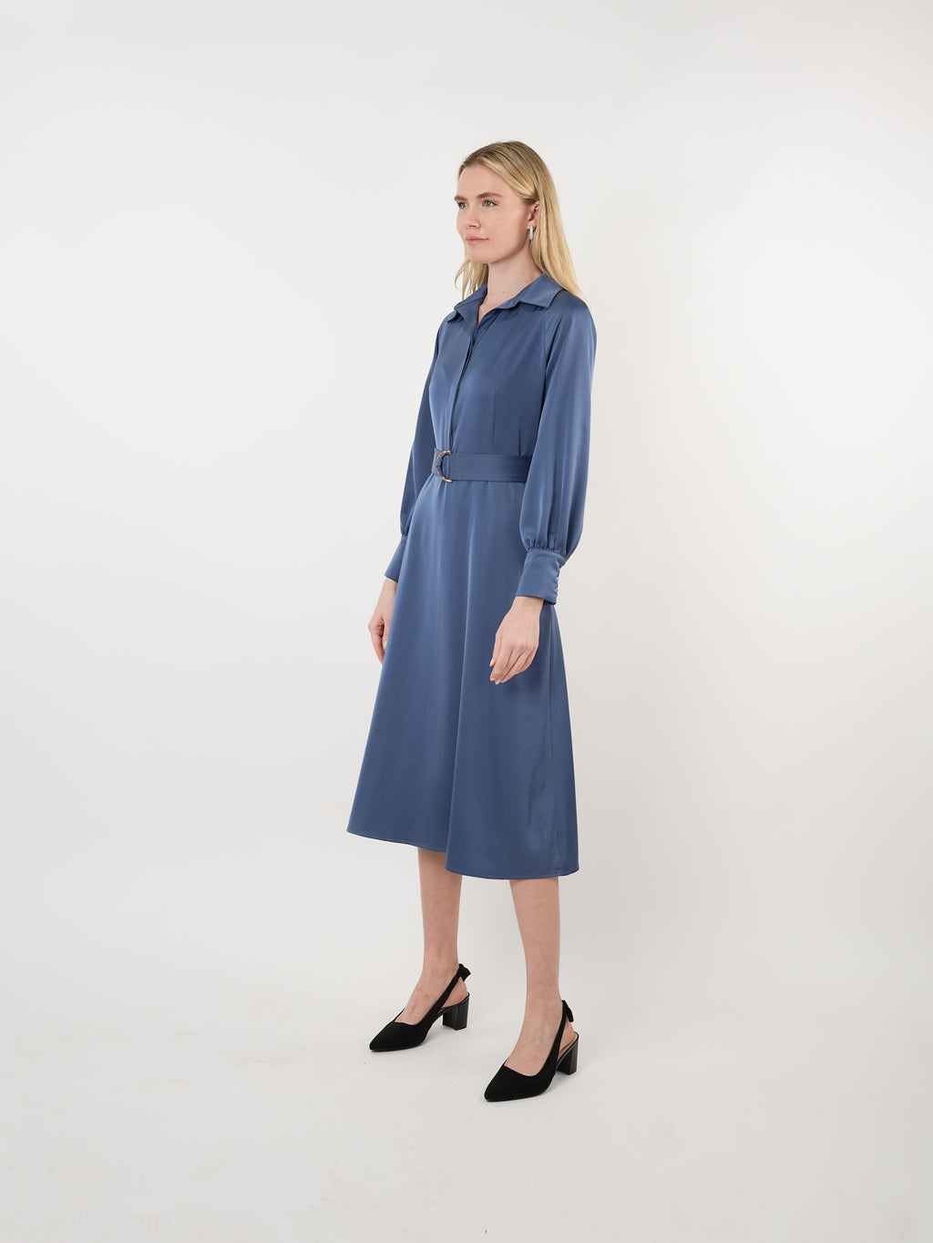Satin Raglan Sleeve A-Line Midi Dress