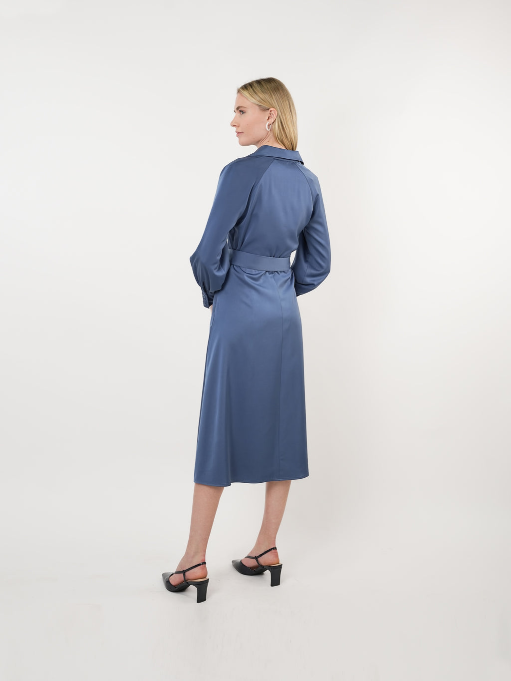 Satin Raglan Sleeve A-Line Midi Dress