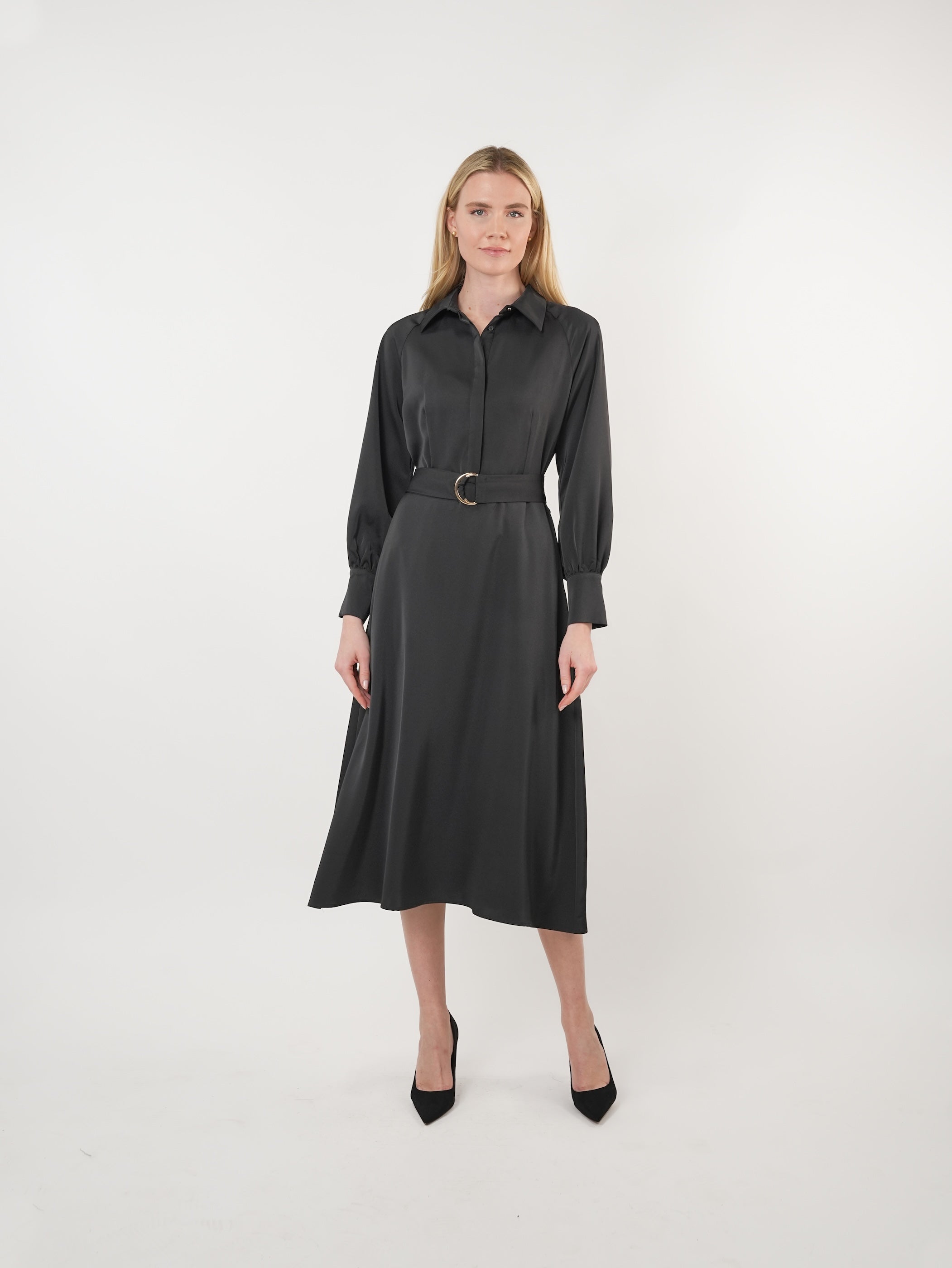Satin Raglan Sleeve A-Line Midi Dress