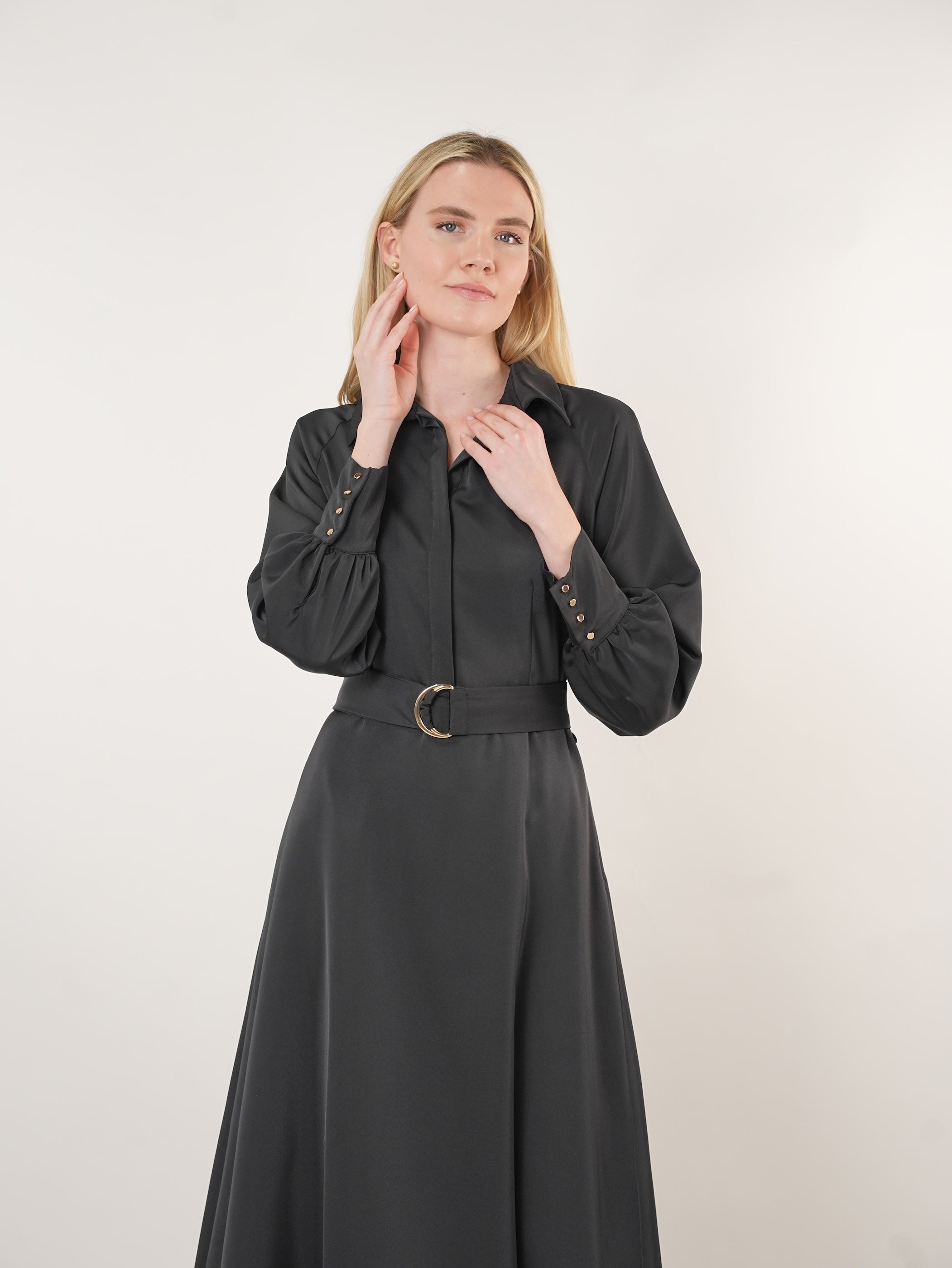 Satin Raglan Sleeve A-Line Midi Dress