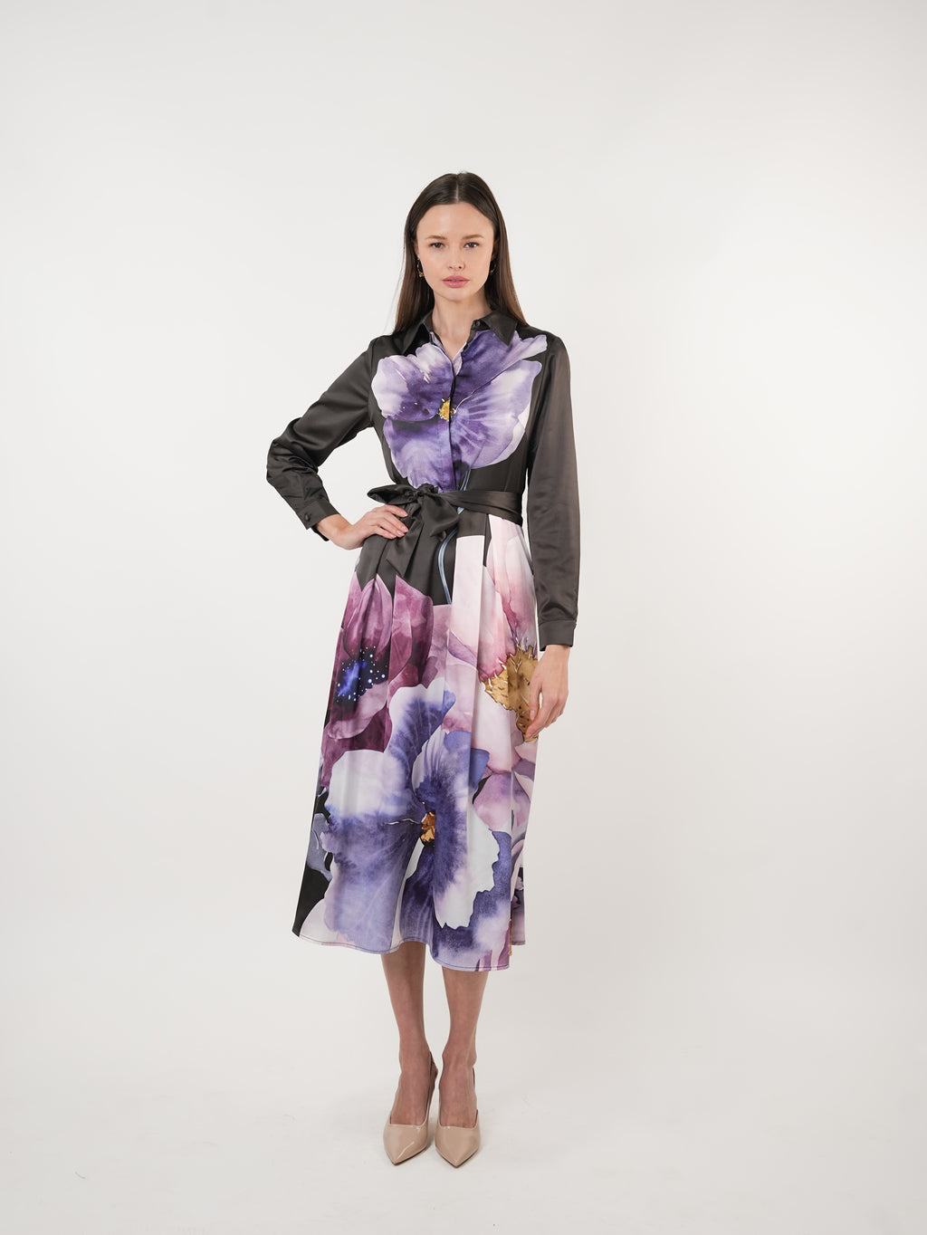Satin Placement Print Floral Midi Shirt Dress