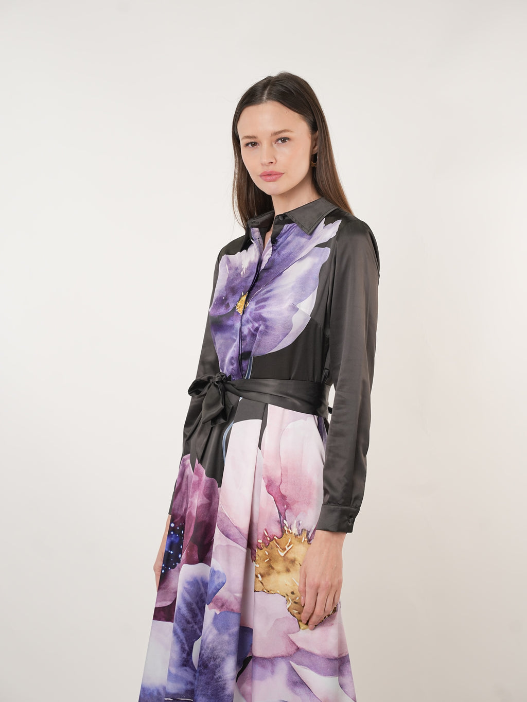 Satin Placement Print Floral Midi Shirt Dress