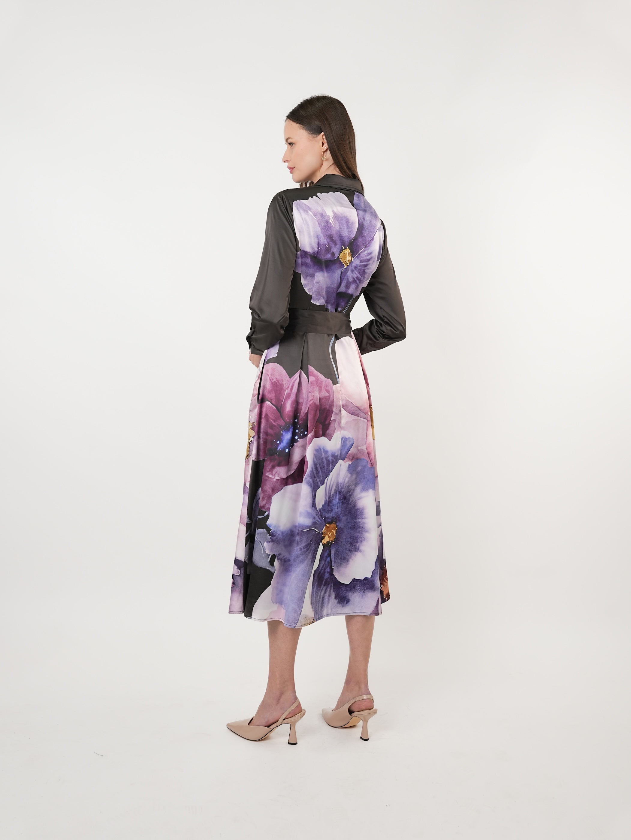 Satin Placement Print Floral Midi Shirt Dress