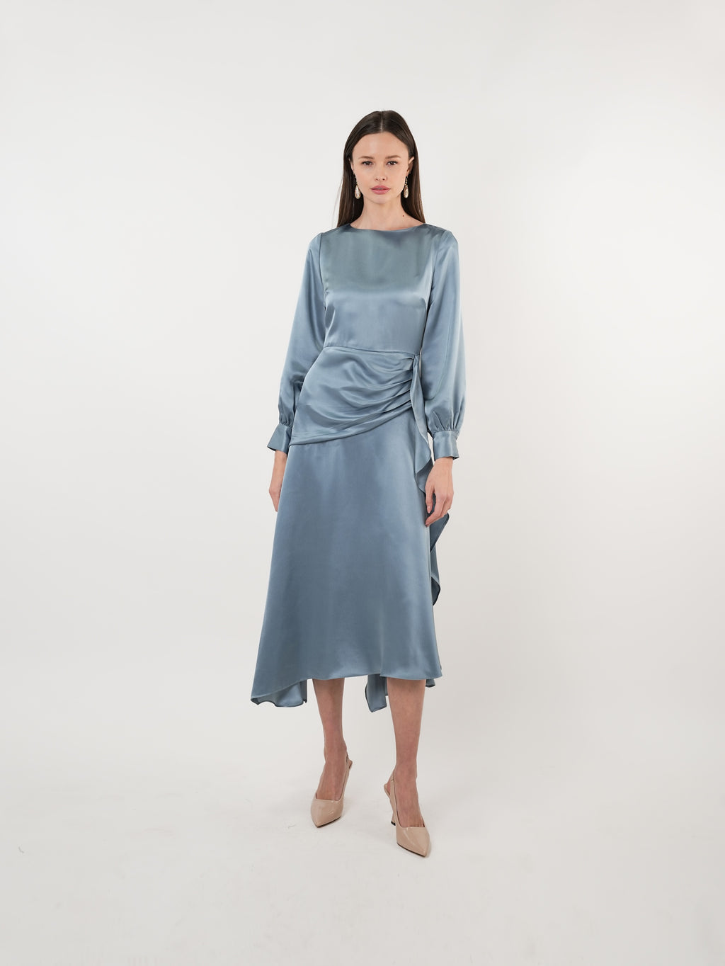 Satin Boat Neck Asymmetric Maxi Dress