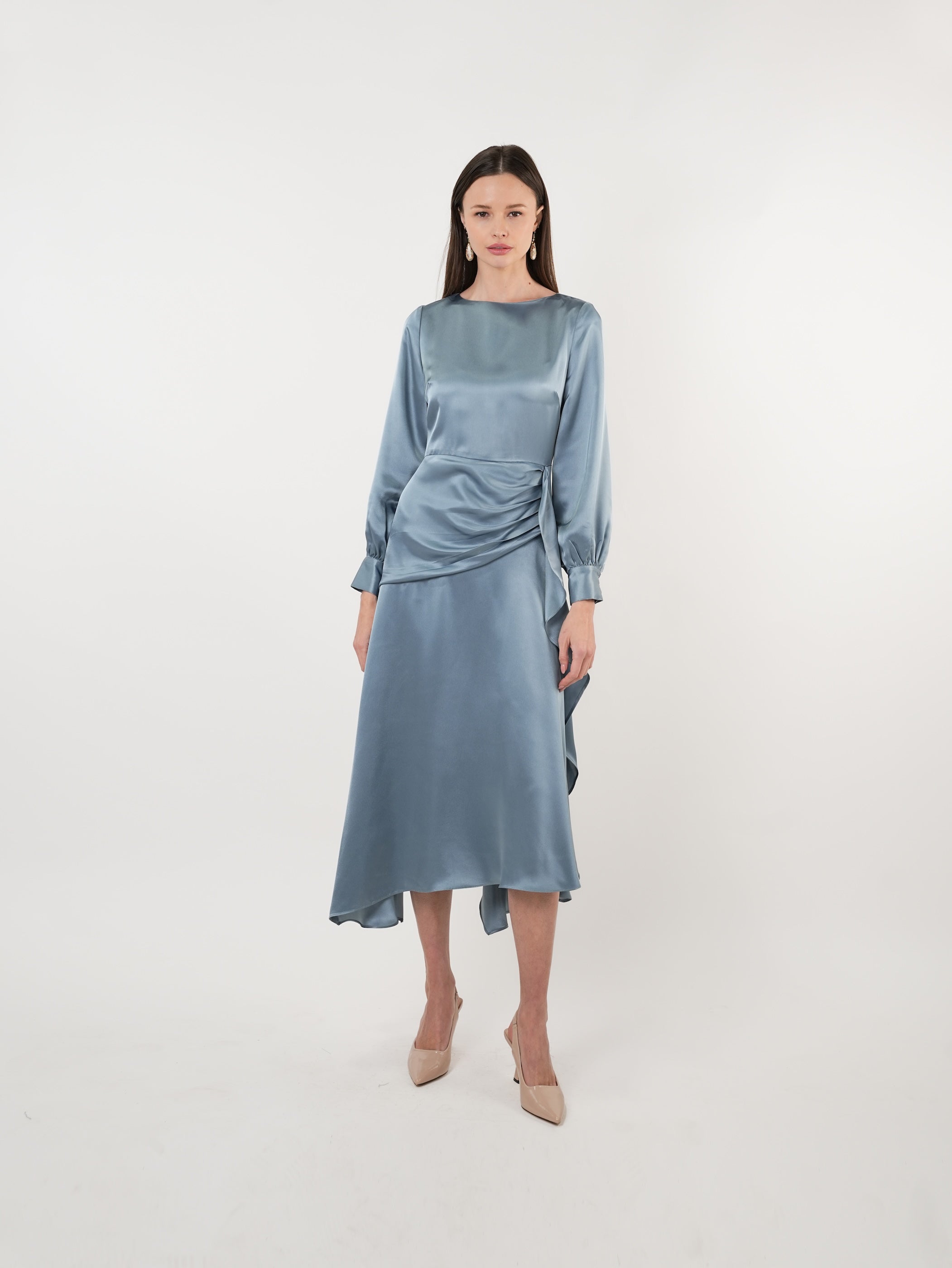 Satin Boat Neck Asymmetric Maxi Dress