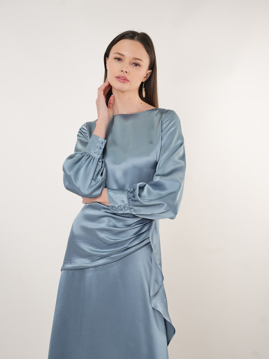 Satin Boat Neck Asymmetric Maxi Dress