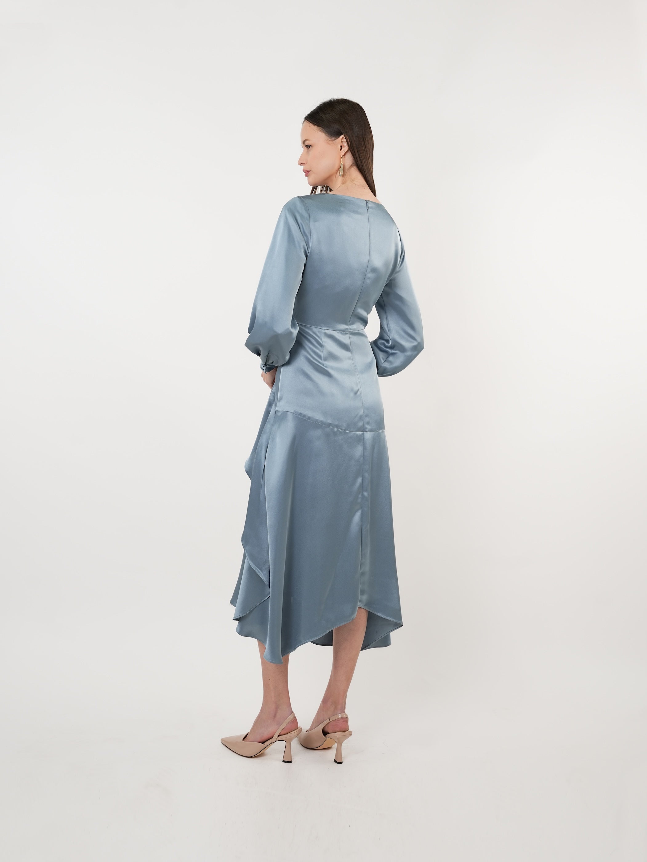 Satin Boat Neck Asymmetric Maxi Dress