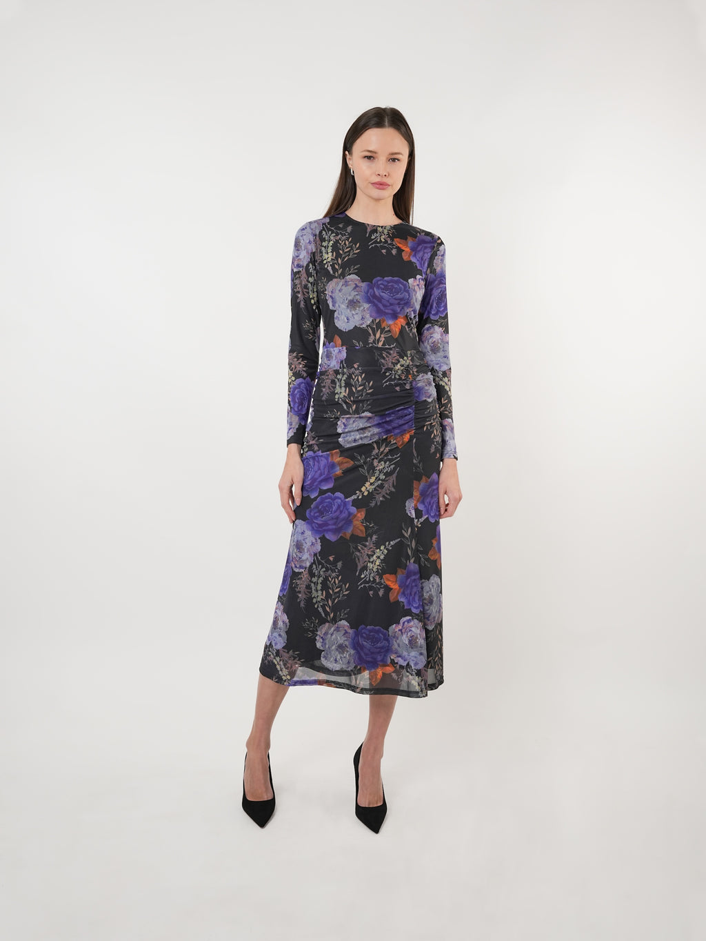 Floral Mesh Gathered Midi Dress