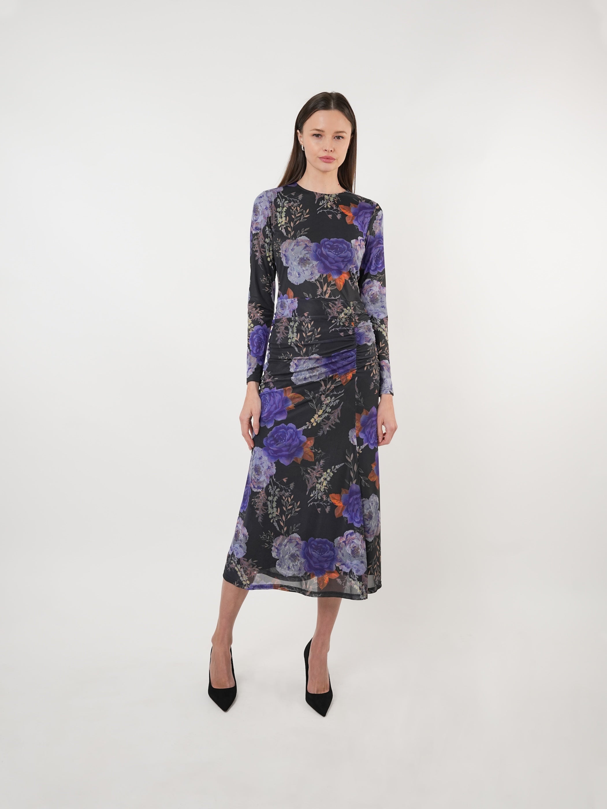 Floral Mesh Gathered Midi Dress