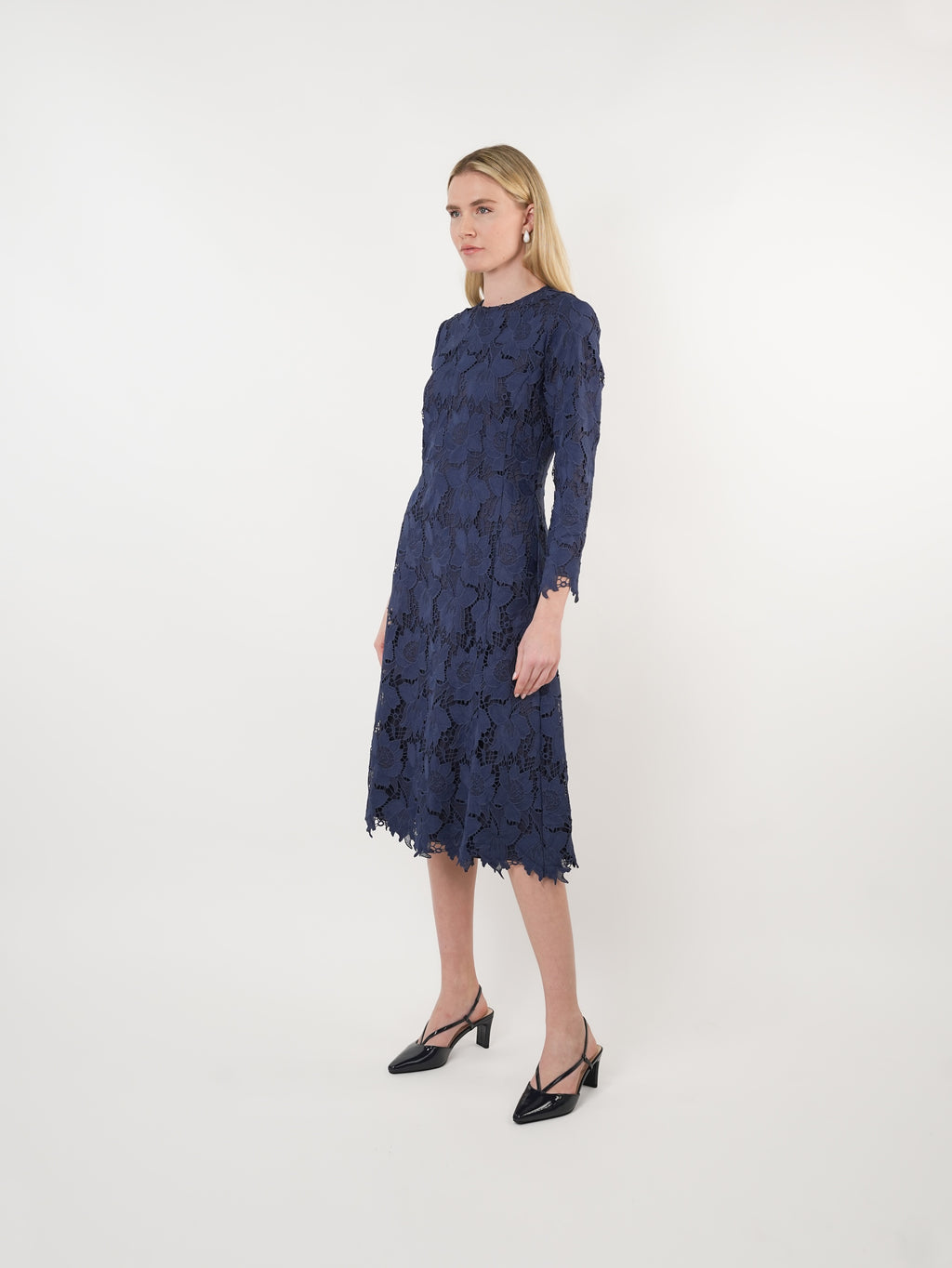 Navy Floral Lace Midi Dress