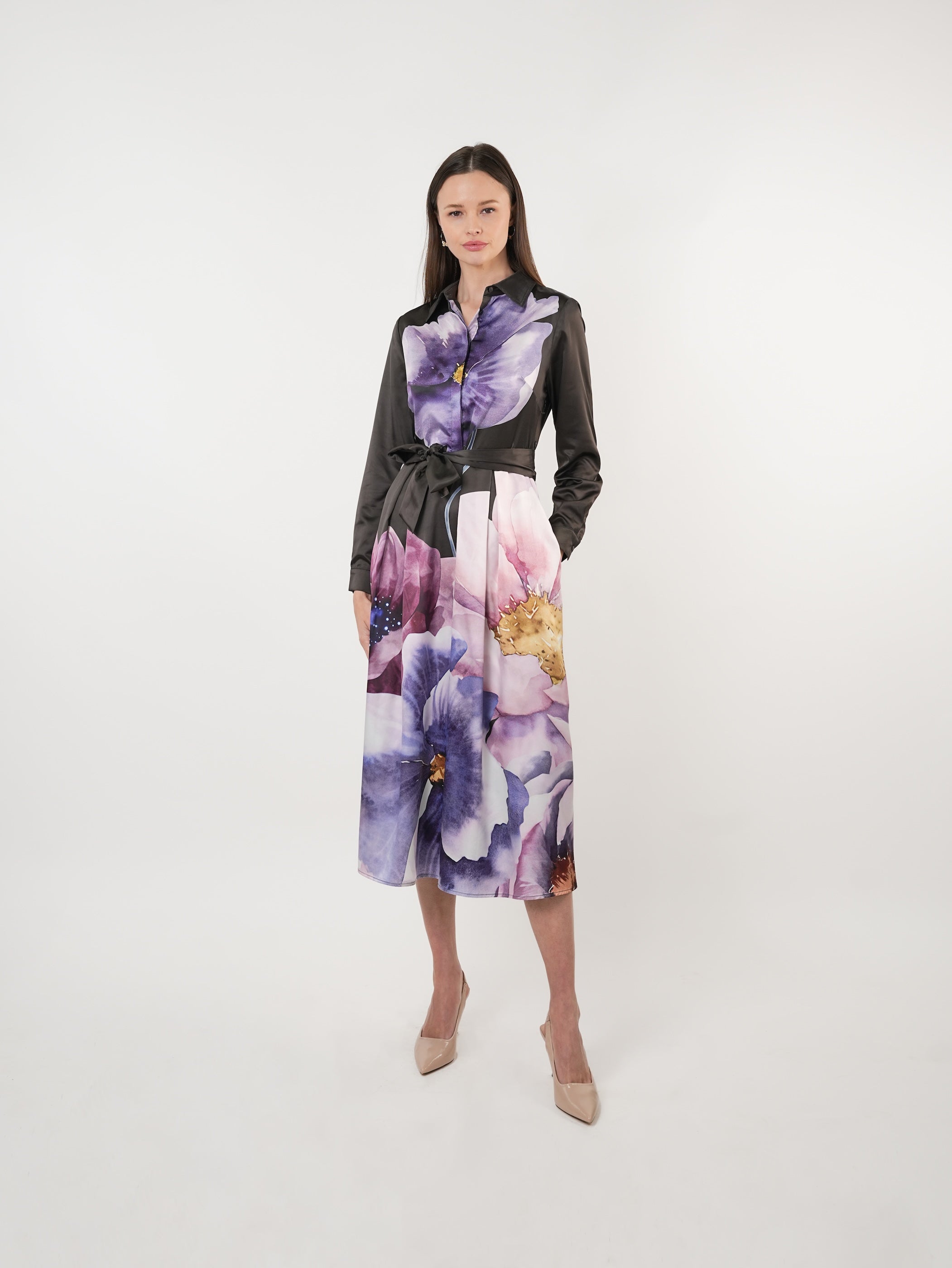 Satin Placement Print Floral Midi Shirt Dress