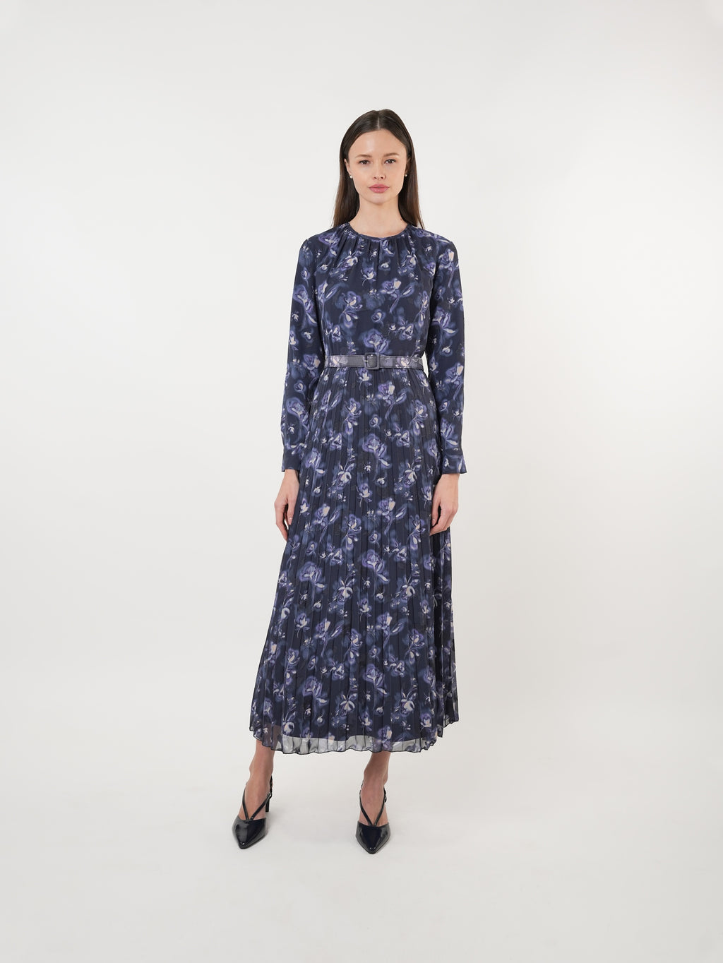 Chiffon Floral Textured Pleated Maxi Dress