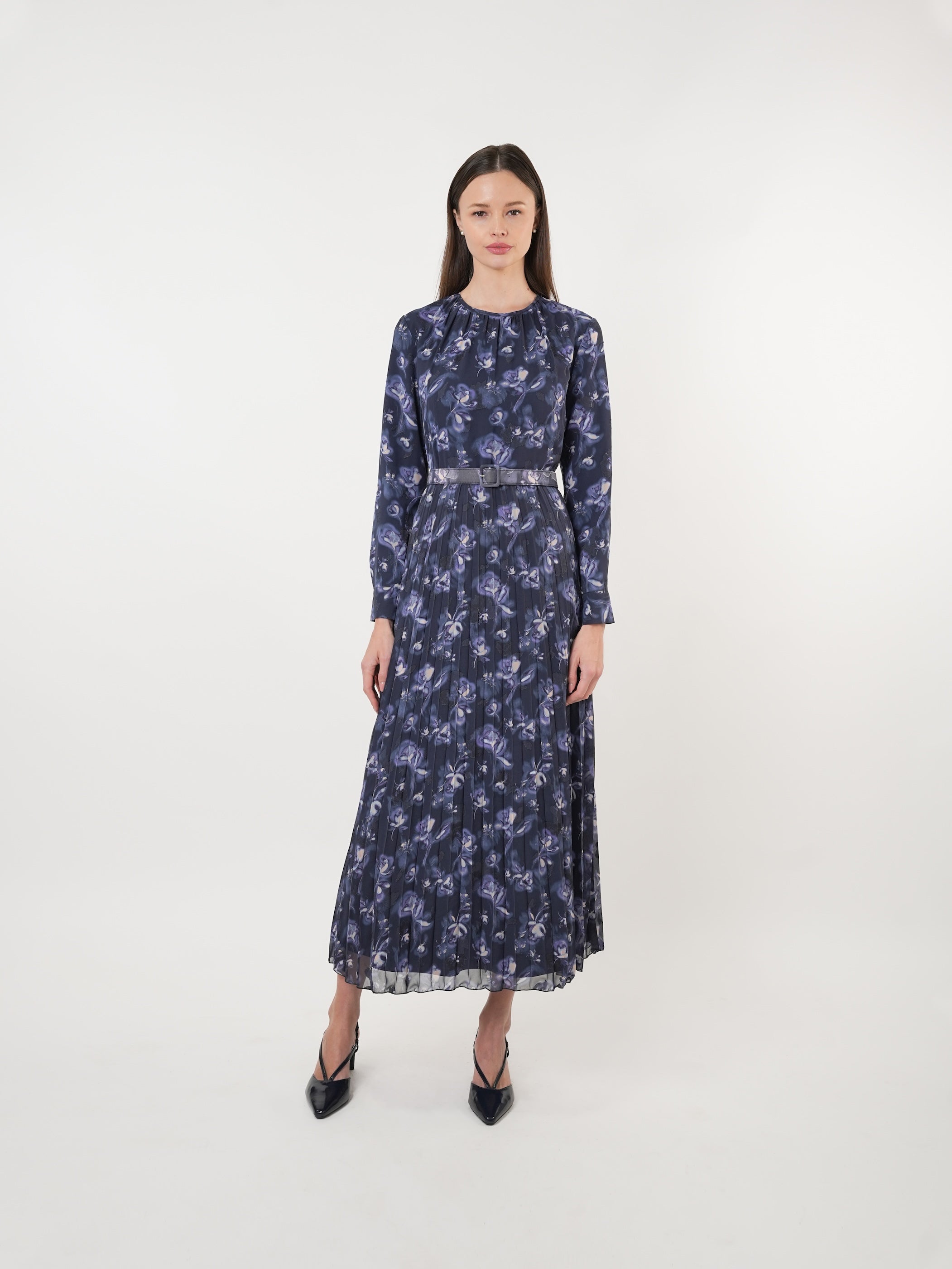 Chiffon Floral Textured Pleated Maxi Dress