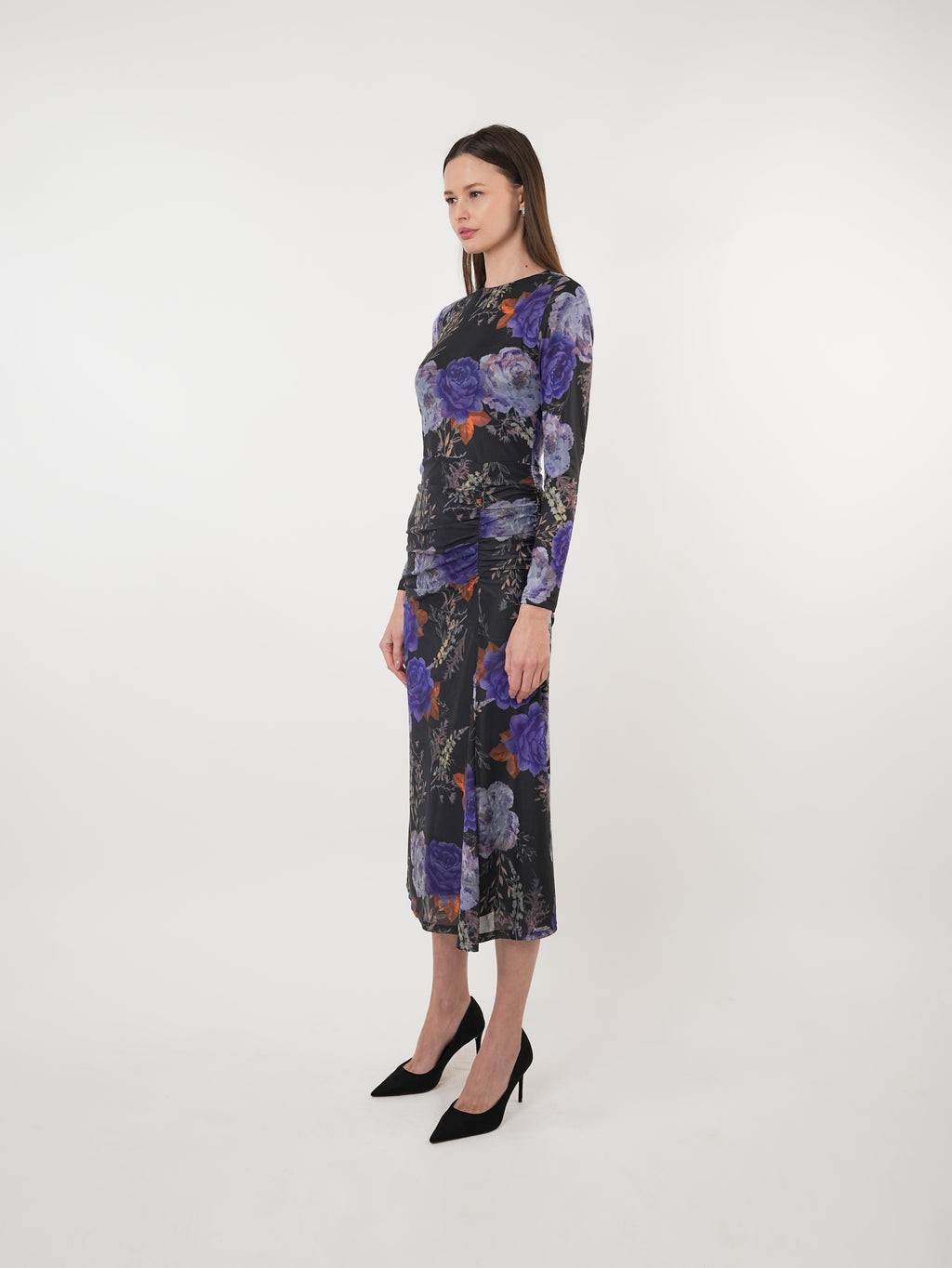Floral Mesh Gathered Midi Dress