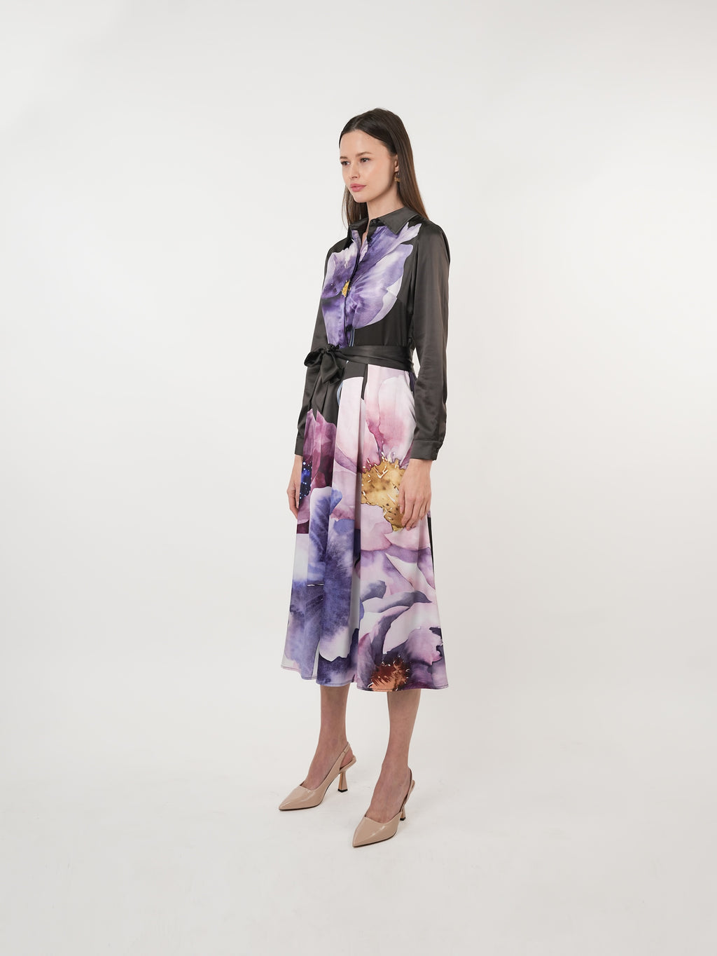 Satin Placement Print Floral Midi Shirt Dress