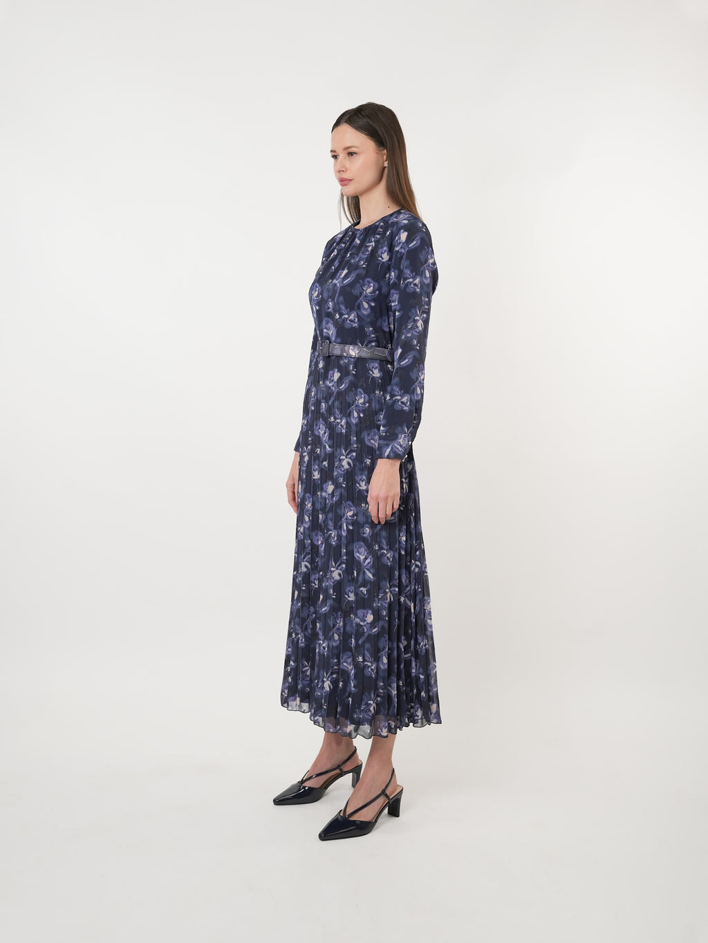 Chiffon Floral Textured Pleated Maxi Dress