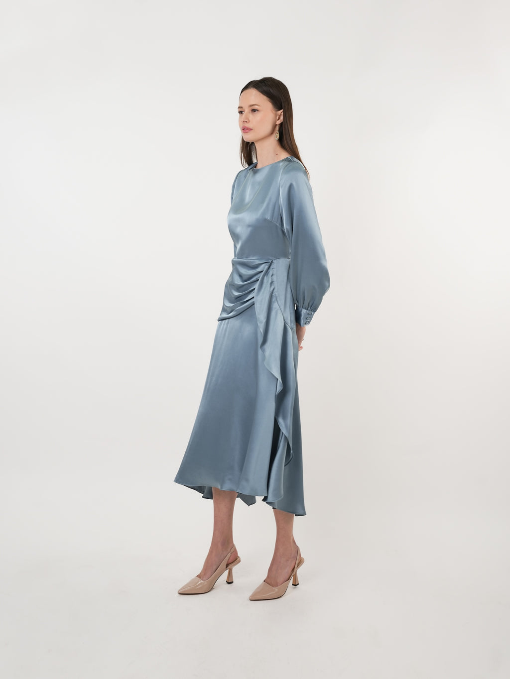 Satin Boat Neck Asymmetric Maxi Dress