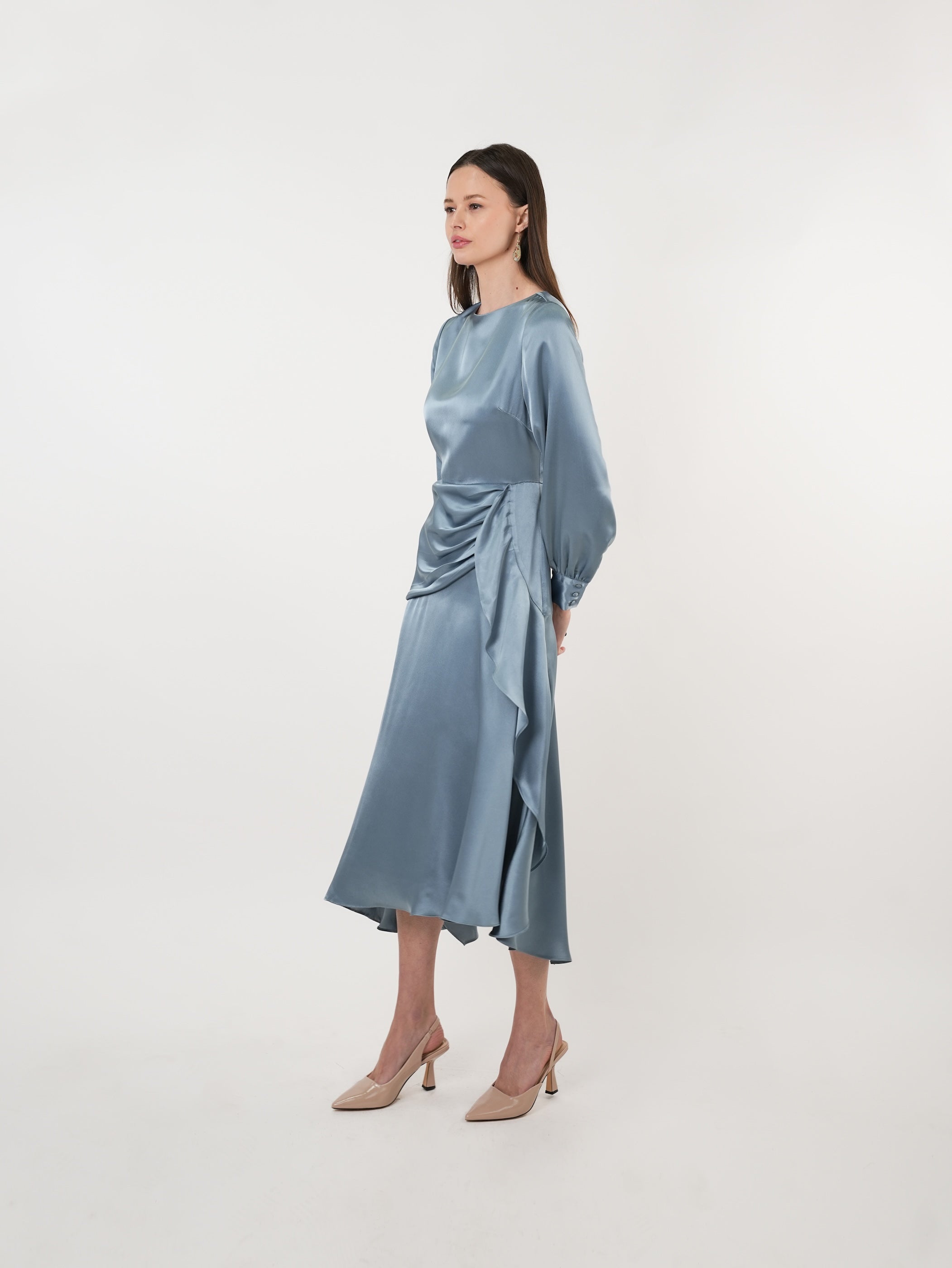 Satin Boat Neck Asymmetric Maxi Dress