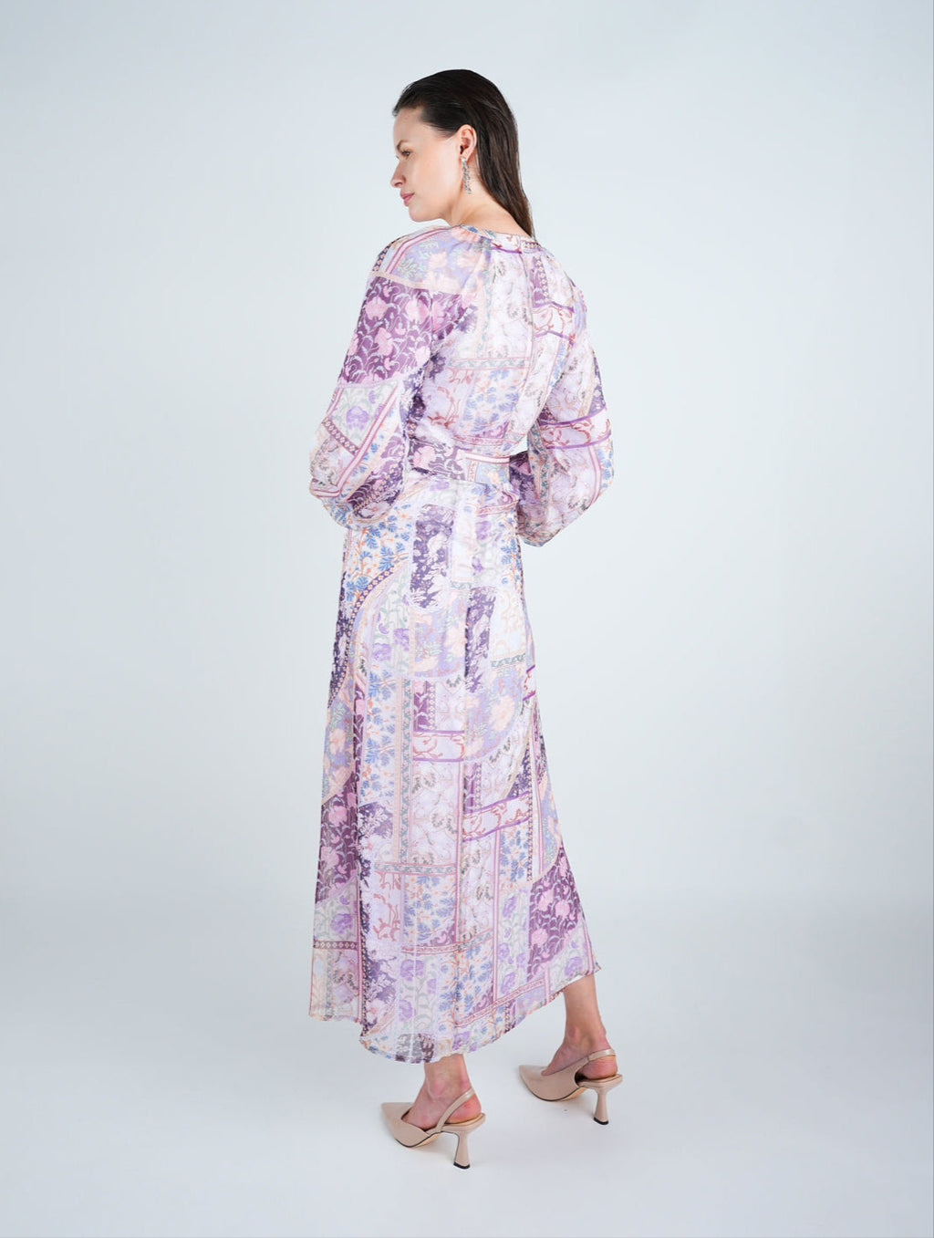 Organza Printed Puff Sleeve Maxi Dress