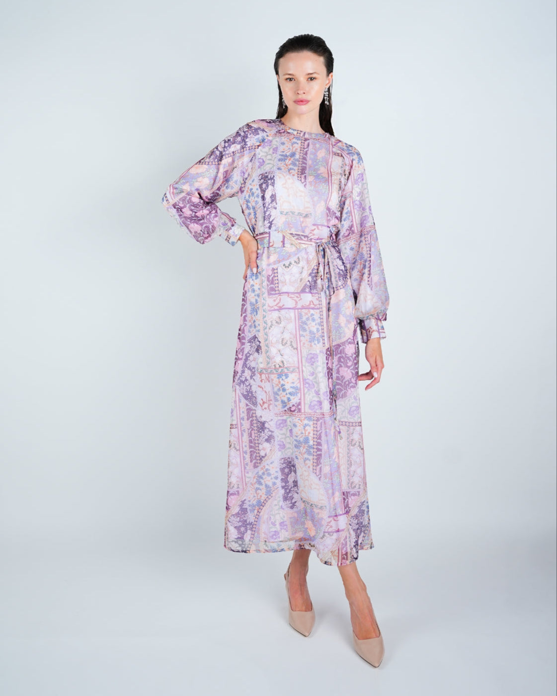 Organza Printed Puff Sleeve Maxi Dress