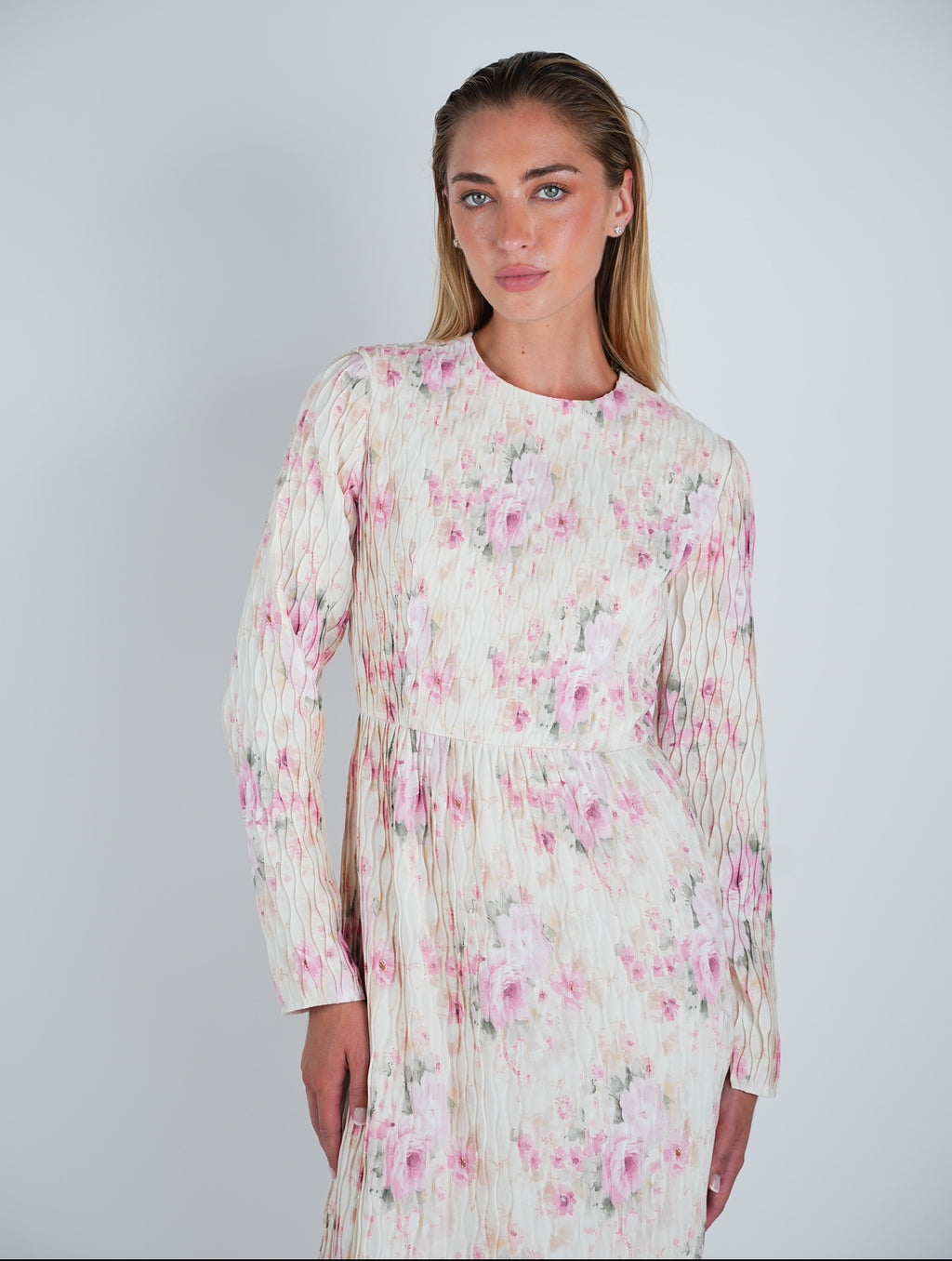 Plisse Floral Midi Sheath Dress