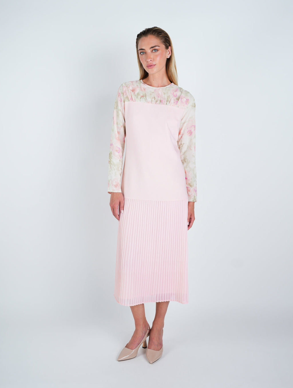 Chiffon Floral Contrast Pleated Midi Dress