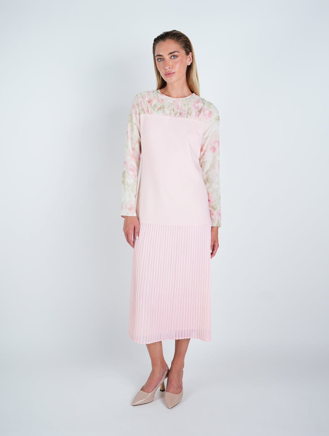 Chiffon Floral Contrast Pleated Midi Dress