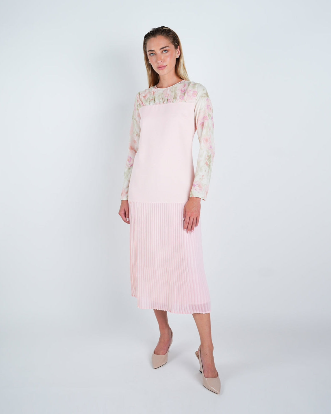 Chiffon Floral Contrast Pleated Midi Dress