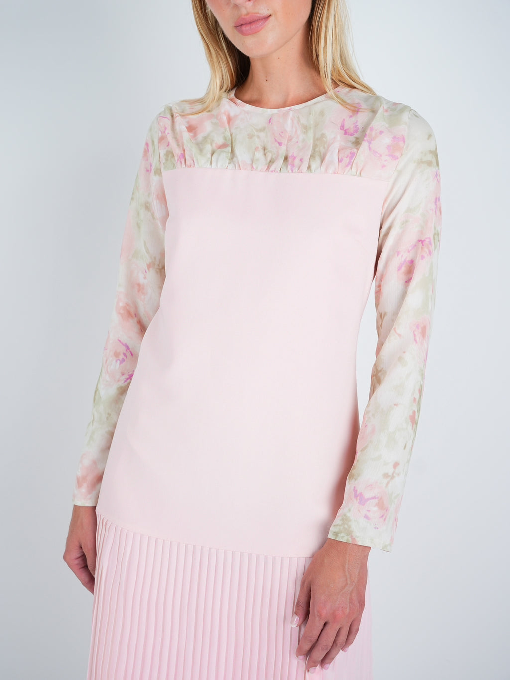 Chiffon Floral Contrast Pleated Midi Dress