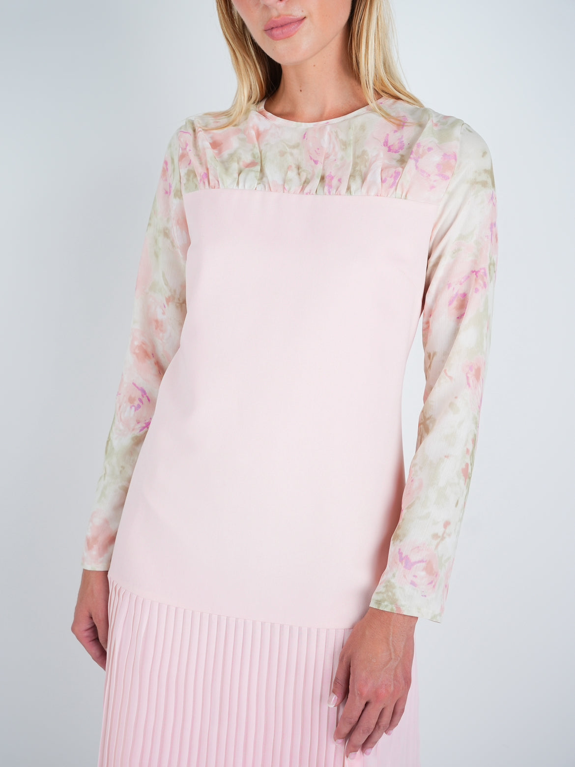 Chiffon Floral Contrast Pleated Midi Dress