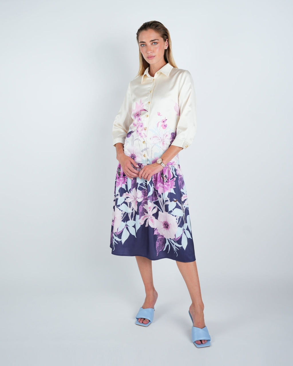 Satin Floral Print Buttoned Midi Dress