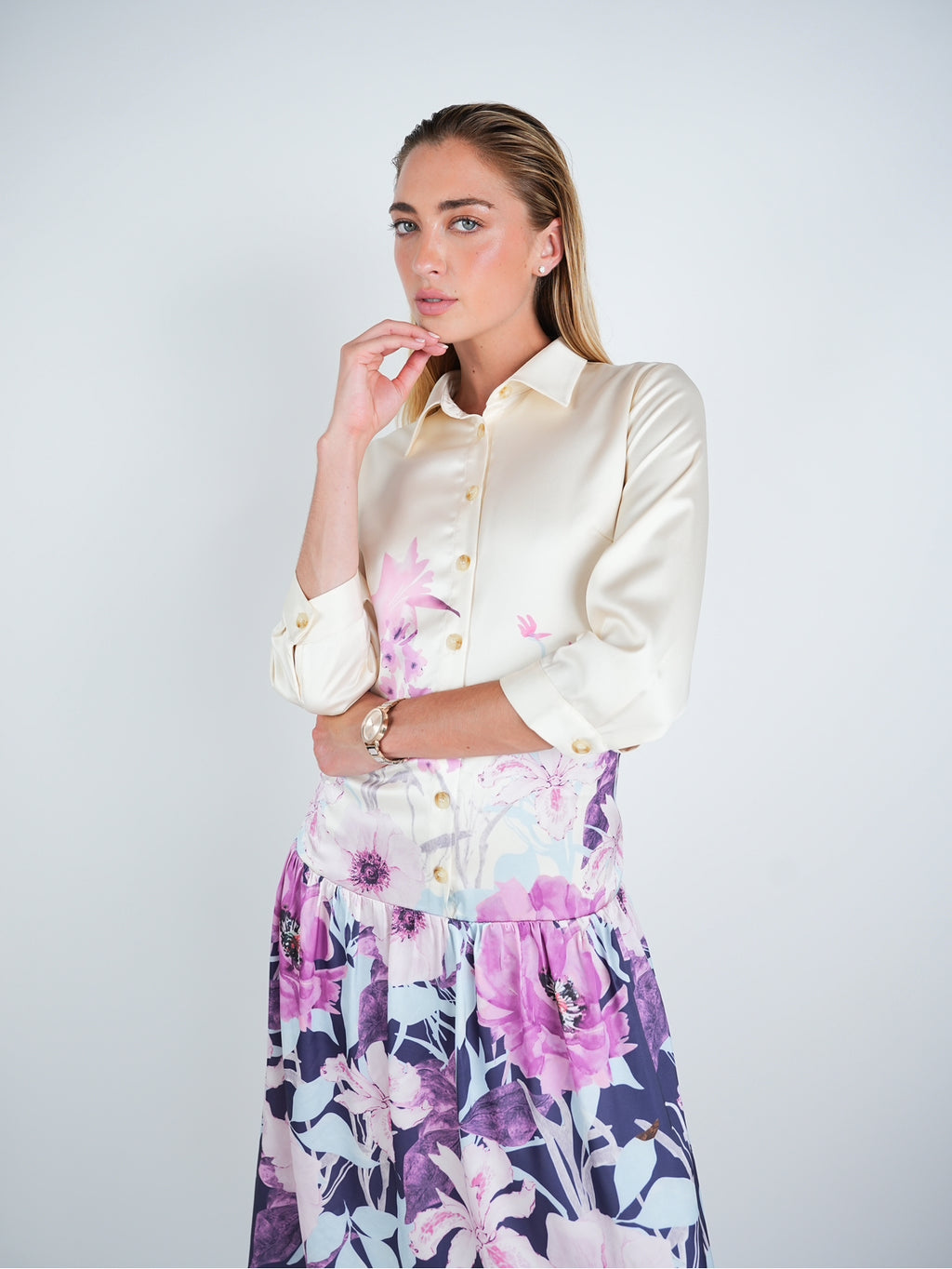 Satin Floral Print Buttoned Midi Dress