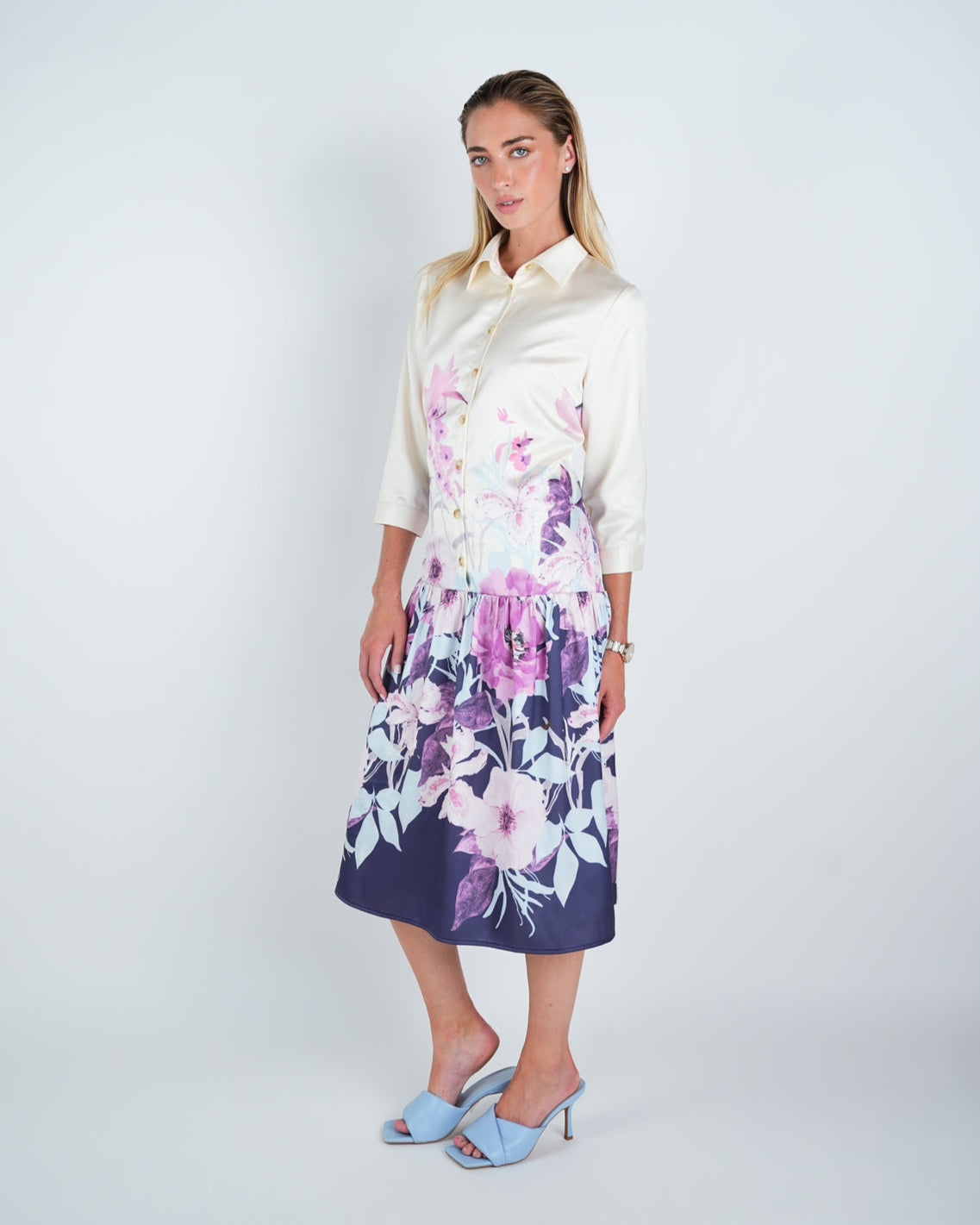 Satin Floral Print Buttoned Midi Dress