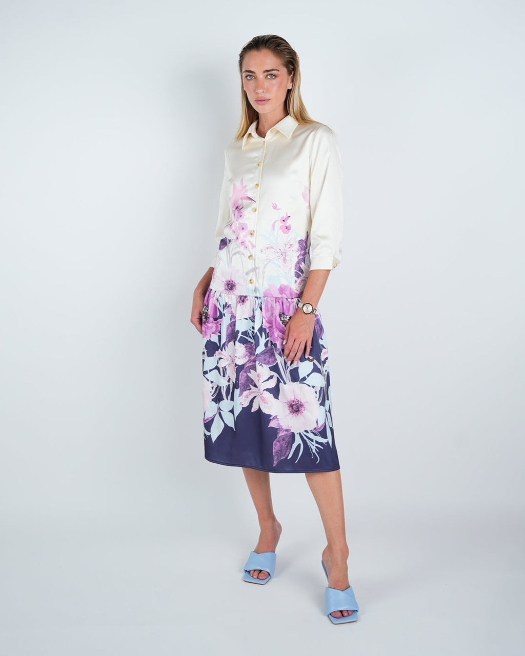 Satin Floral Print Buttoned Midi Dress