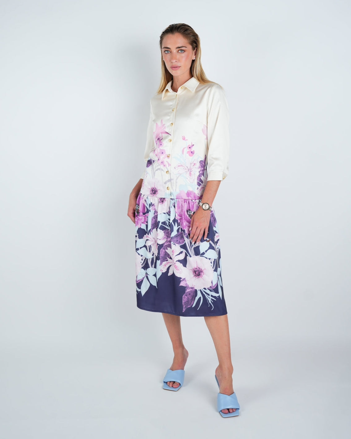 Satin Floral Print Buttoned Midi Dress