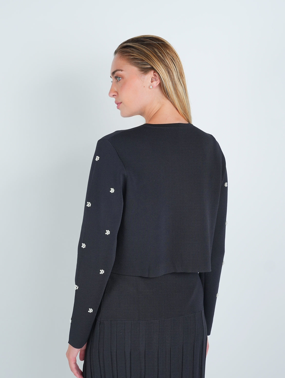 Pearl Embellished Front Tie Knit Cardigan