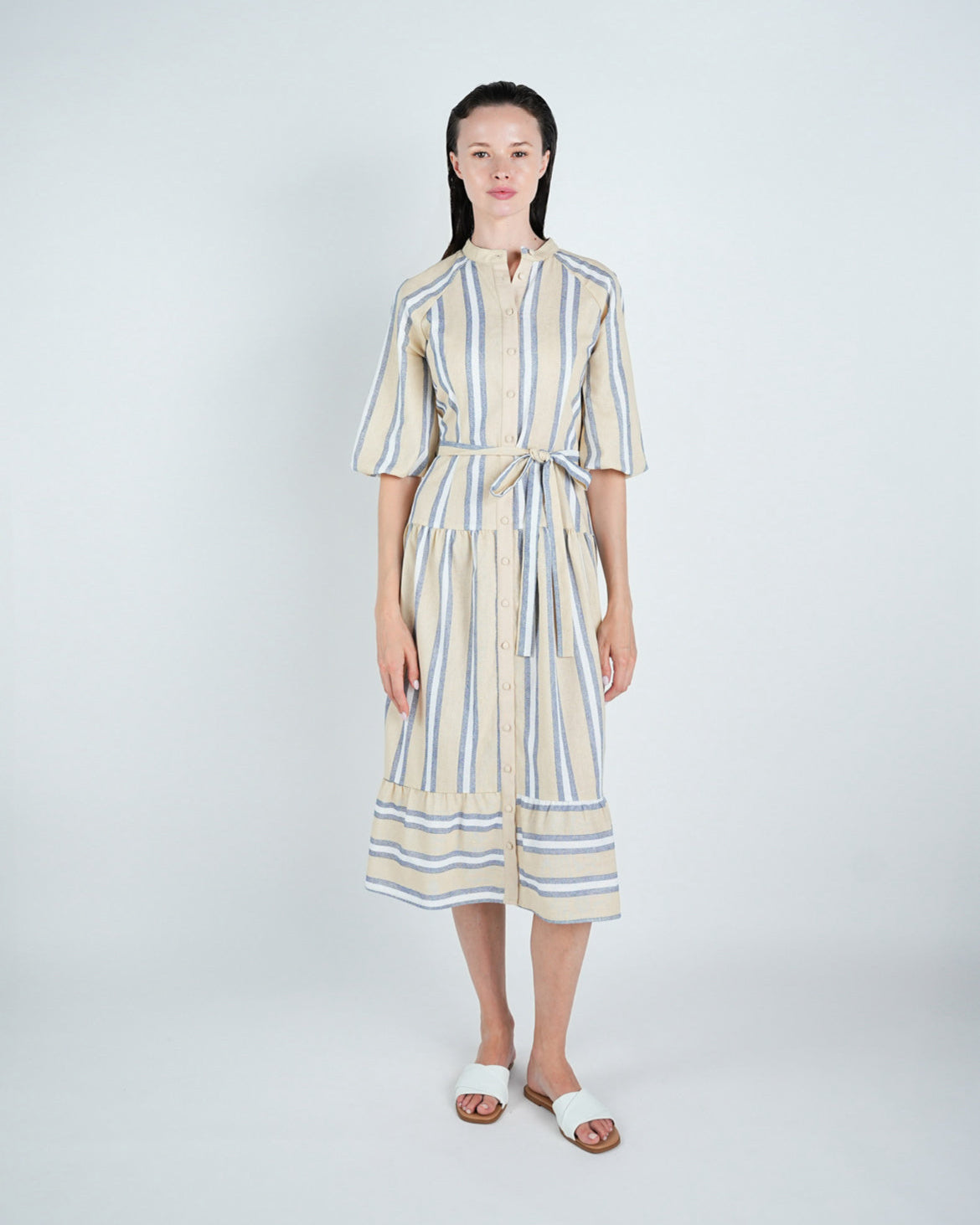 Striped Belted Puff Sleeve Midi Dress