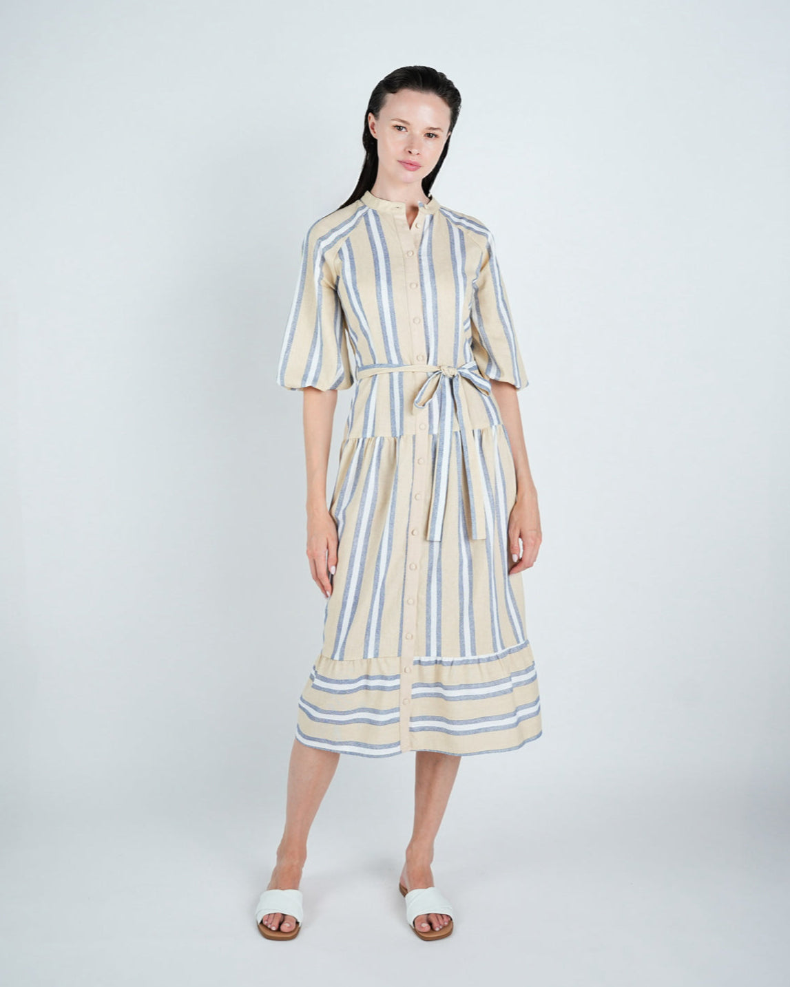 Striped Belted Puff Sleeve Midi Dress