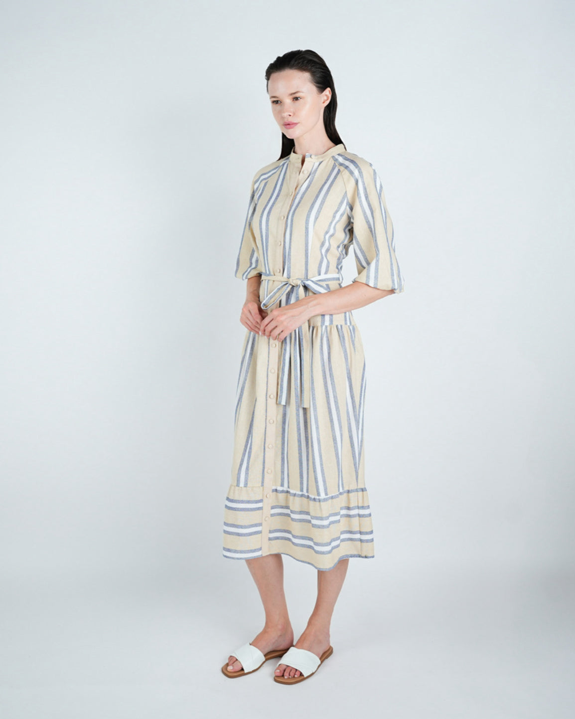 Striped Belted Puff Sleeve Midi Dress