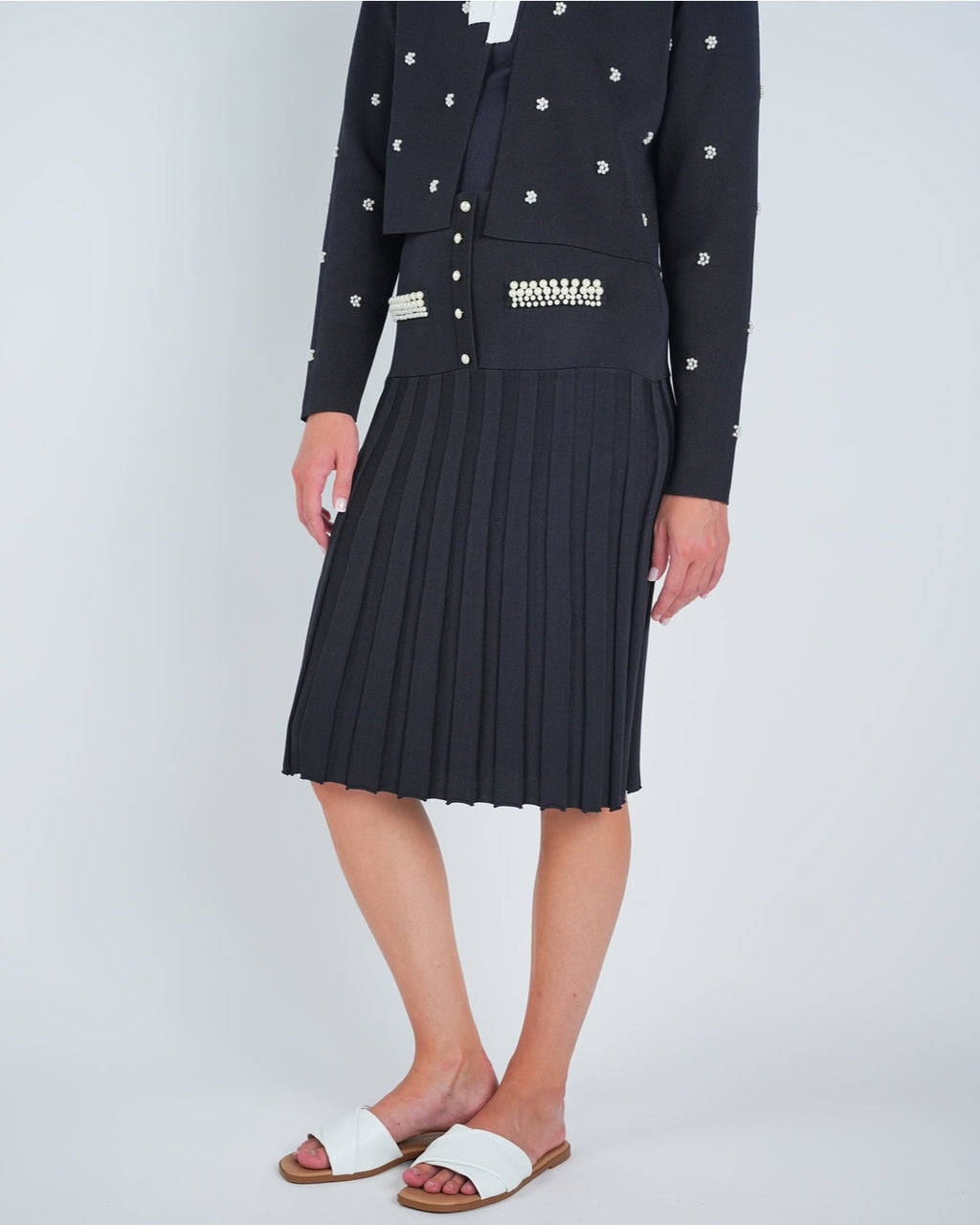 Knit Pearl Embellished Ribbed Skirt