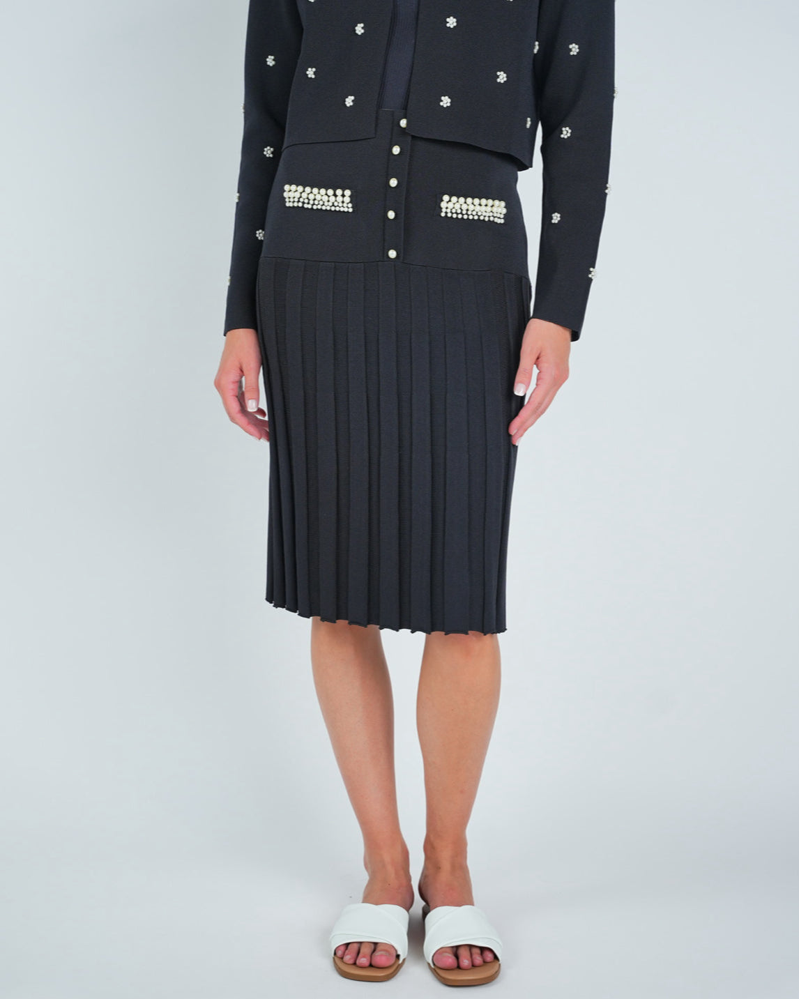 Knit Pearl Embellished Ribbed Skirt