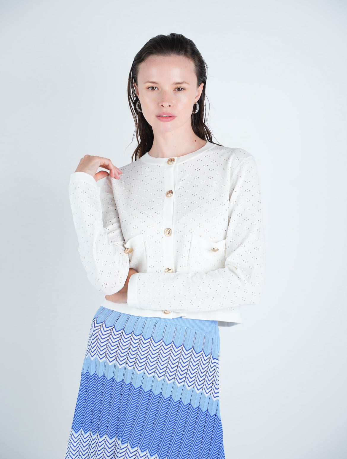 Knit Eyelet Buttoned Cardigan