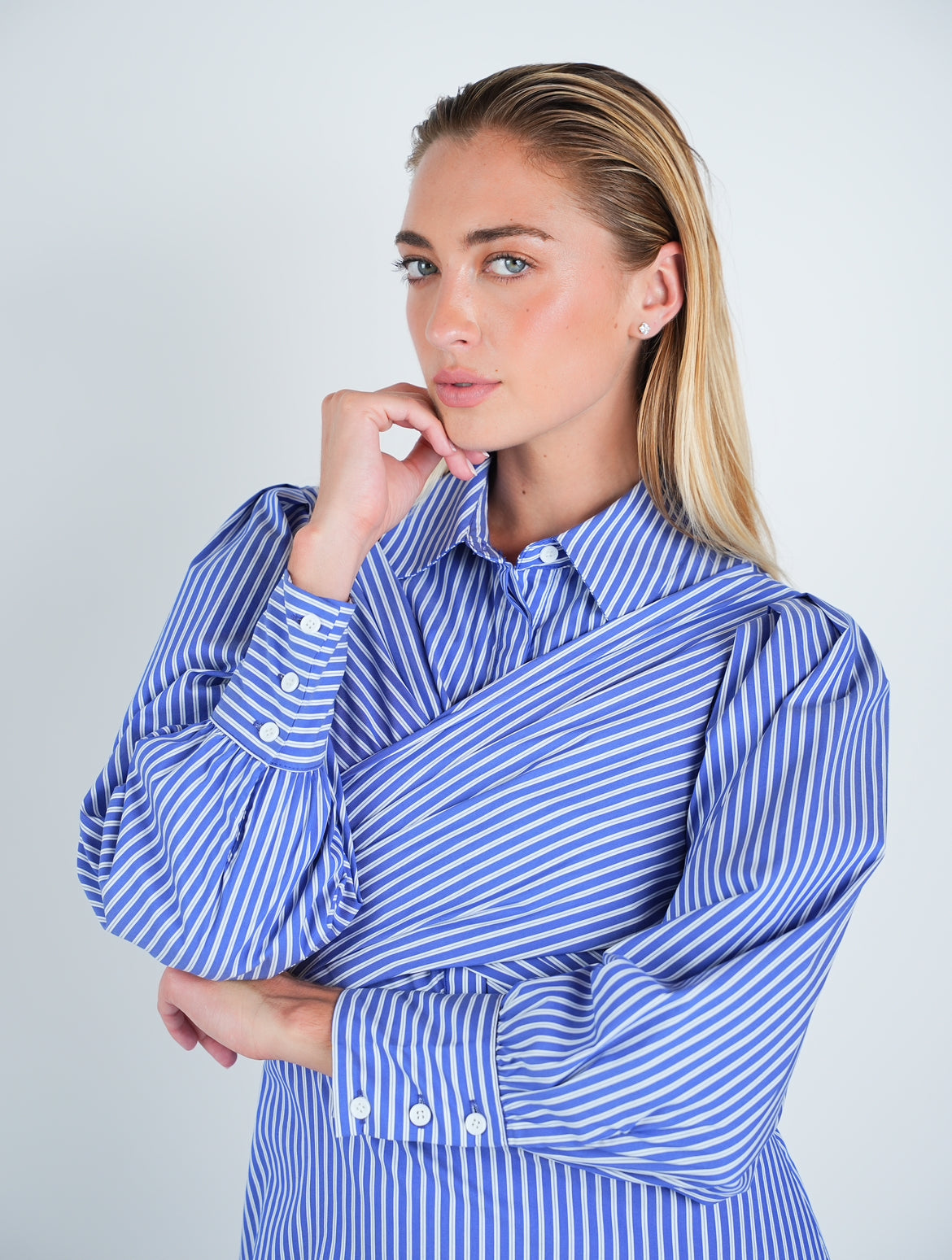 Cotton Stripped Criss-Cross Midi Shirt Dress