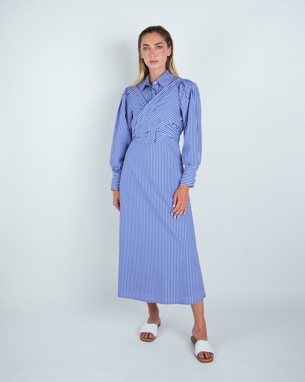 Cotton Stripped Criss-Cross Midi Shirt Dress