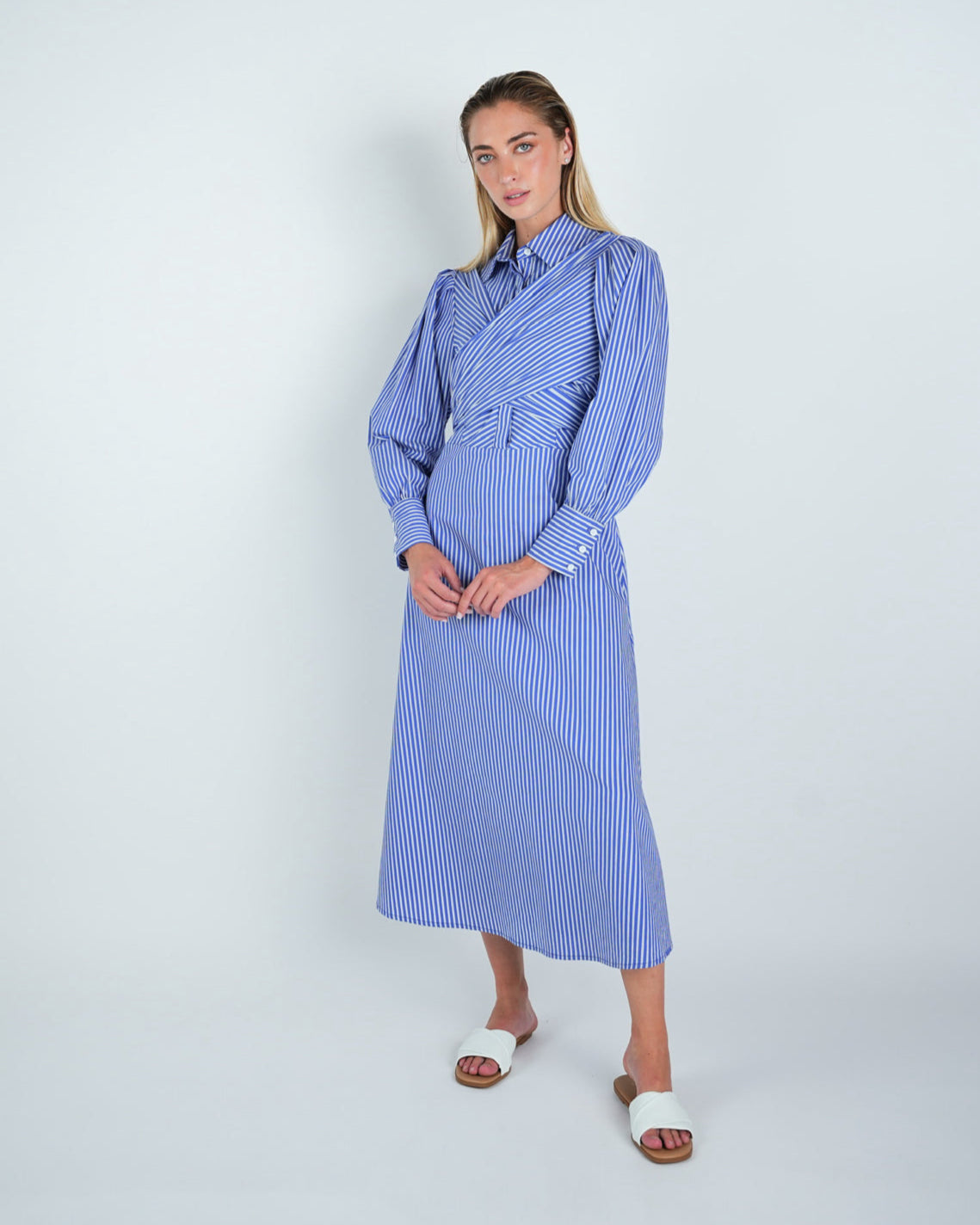 Cotton Stripped Criss-Cross Midi Shirt Dress