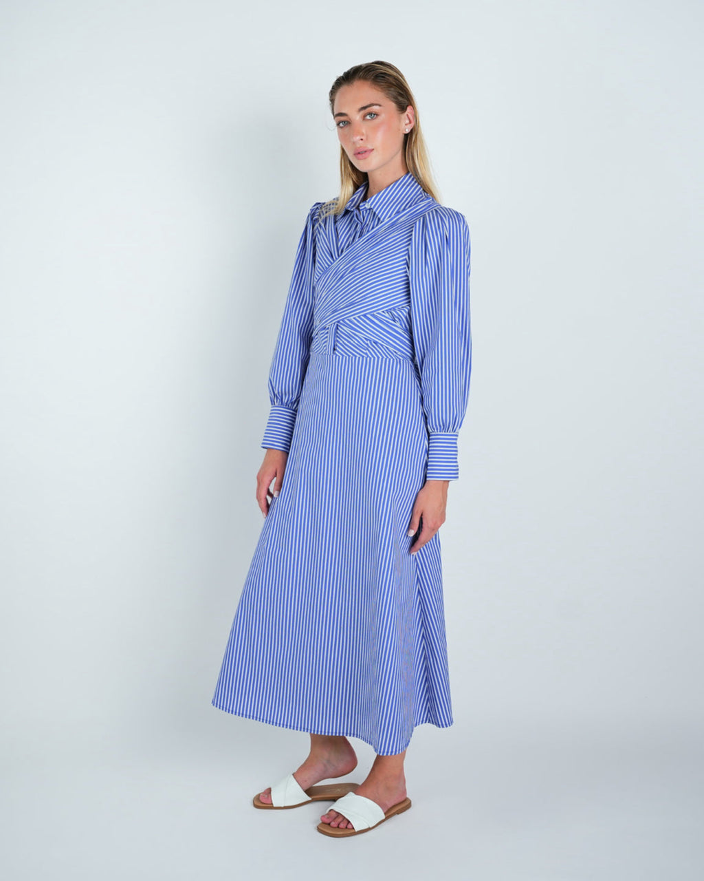 Cotton Stripped Criss-Cross Midi Shirt Dress