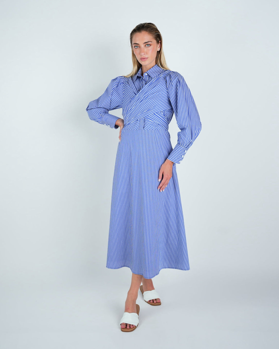 Cotton Stripped Criss-Cross Midi Shirt Dress